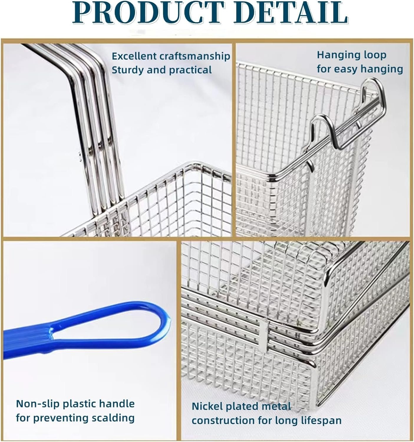 Deep Fryer Basket, Non-Slip Handle Heavy Duty Nickel Plated Iron Construction Chip Basket,13 x 6 x 6, Commercial Restaurant Kitchen Frying Chips Fish Sausages
