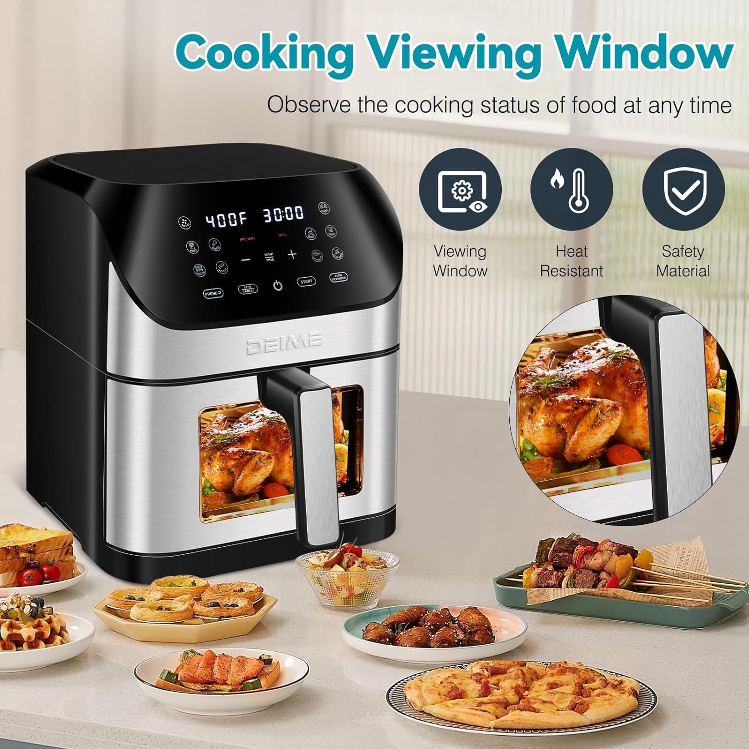 DEIME Air Fryer 8.5 QT Oilless Oven Large AirFryer Healthy Cooker with 10 1-Touch Preset, Visible Cooking Window, Non-Stick Basket  Dishwasher Safe