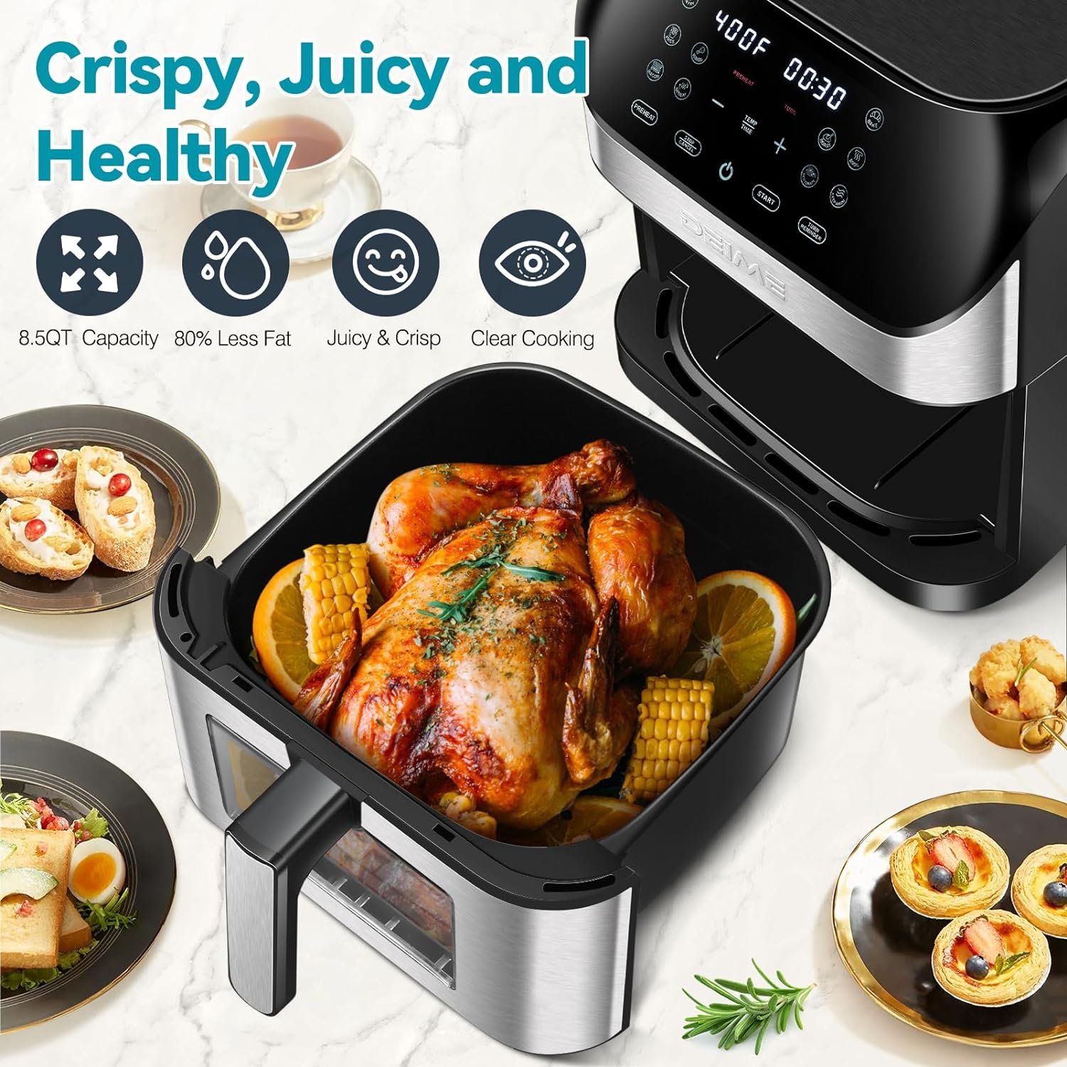 DEIME Air Fryer 8.5 QT Oilless Oven Large AirFryer Healthy Cooker with 10 1-Touch Preset, Visible Cooking Window, Non-Stick Basket  Dishwasher Safe