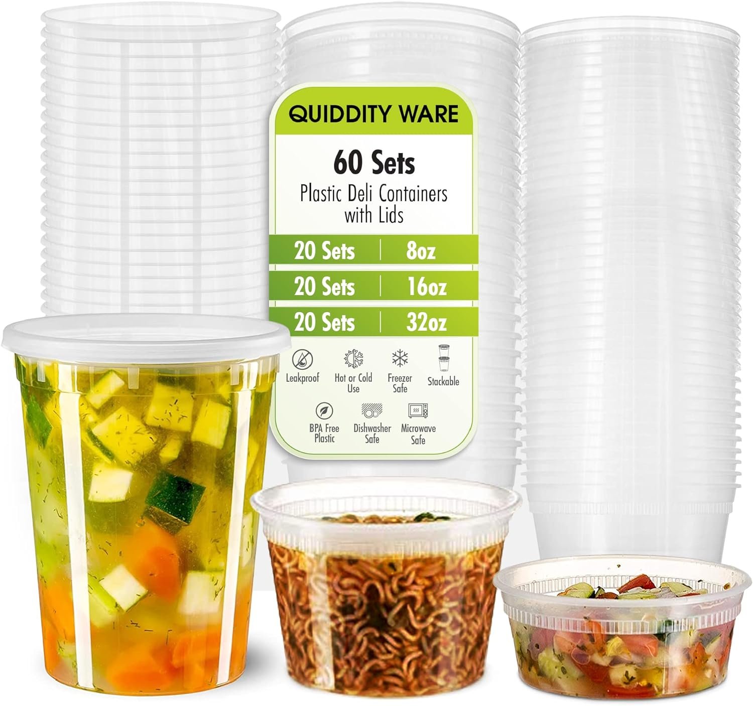 Deli Containers with Leakproof Lids-60 Sets [ 20sets-8oz, 20sets-16oz, 20sets-32oz] BPA-Free Plastic Microwaveable Clear Food Storage Container Premium Heavy-Duty, Freezer  Dishwasher Safe…