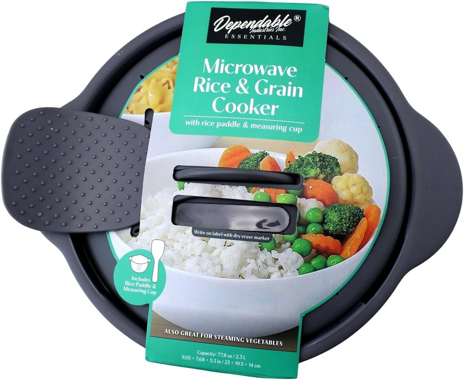 Dependable Industries Inc. Essentials Multi Use Microwave Rice and Grain Cooker Vegetable Steamer with Mixing Serving Paddle and Measuring Cup BPA Free 2.7L