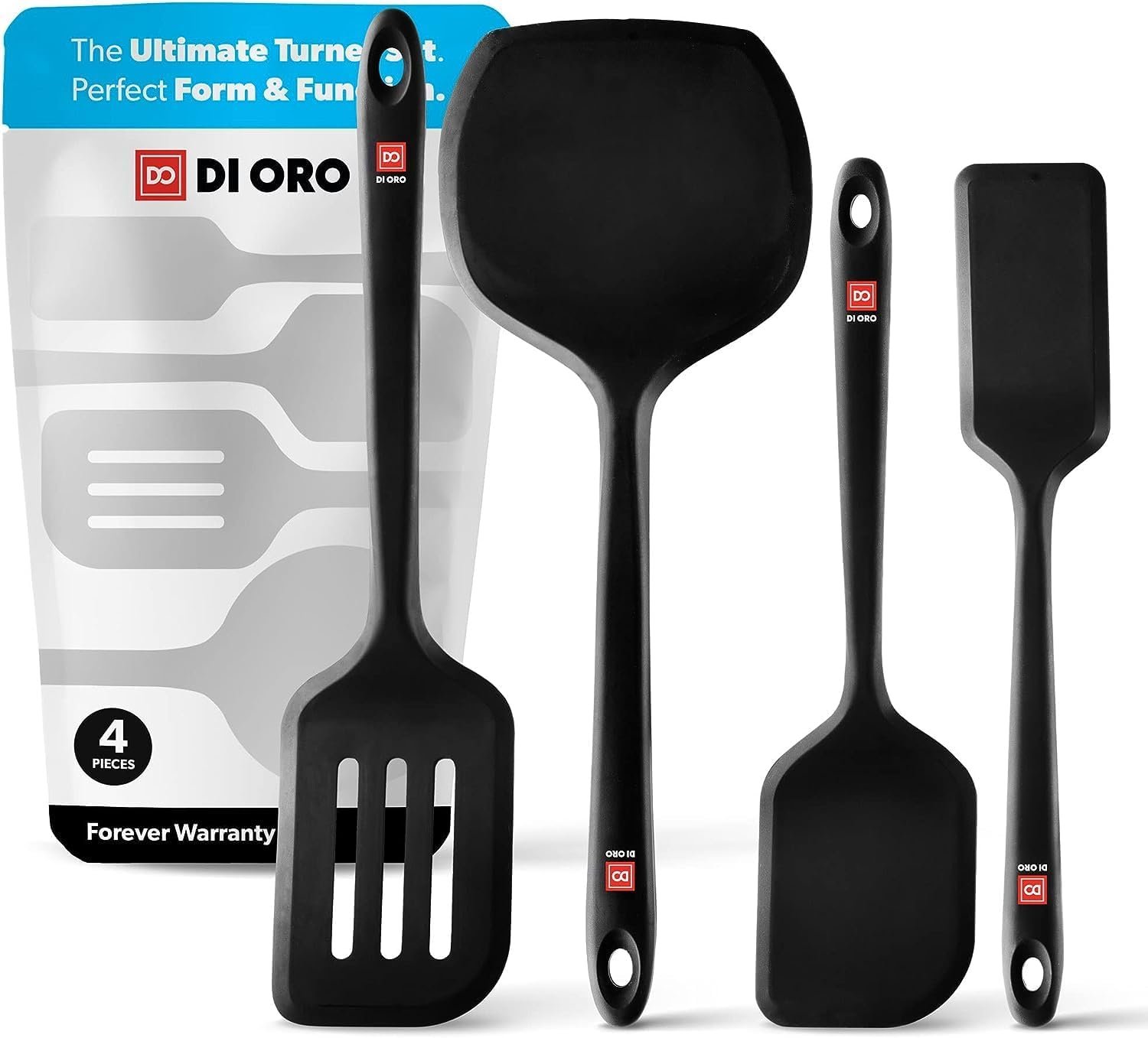 DI ORO Silicone Turner Spatula Set - Kitchen Spatulas for Nonstick Cookware - Cooking Utensils for Flipping Eggs  Pancakes - 600°F Heat-Resistant BPA Free Turners - Dishwasher Safe (4pc, Black)