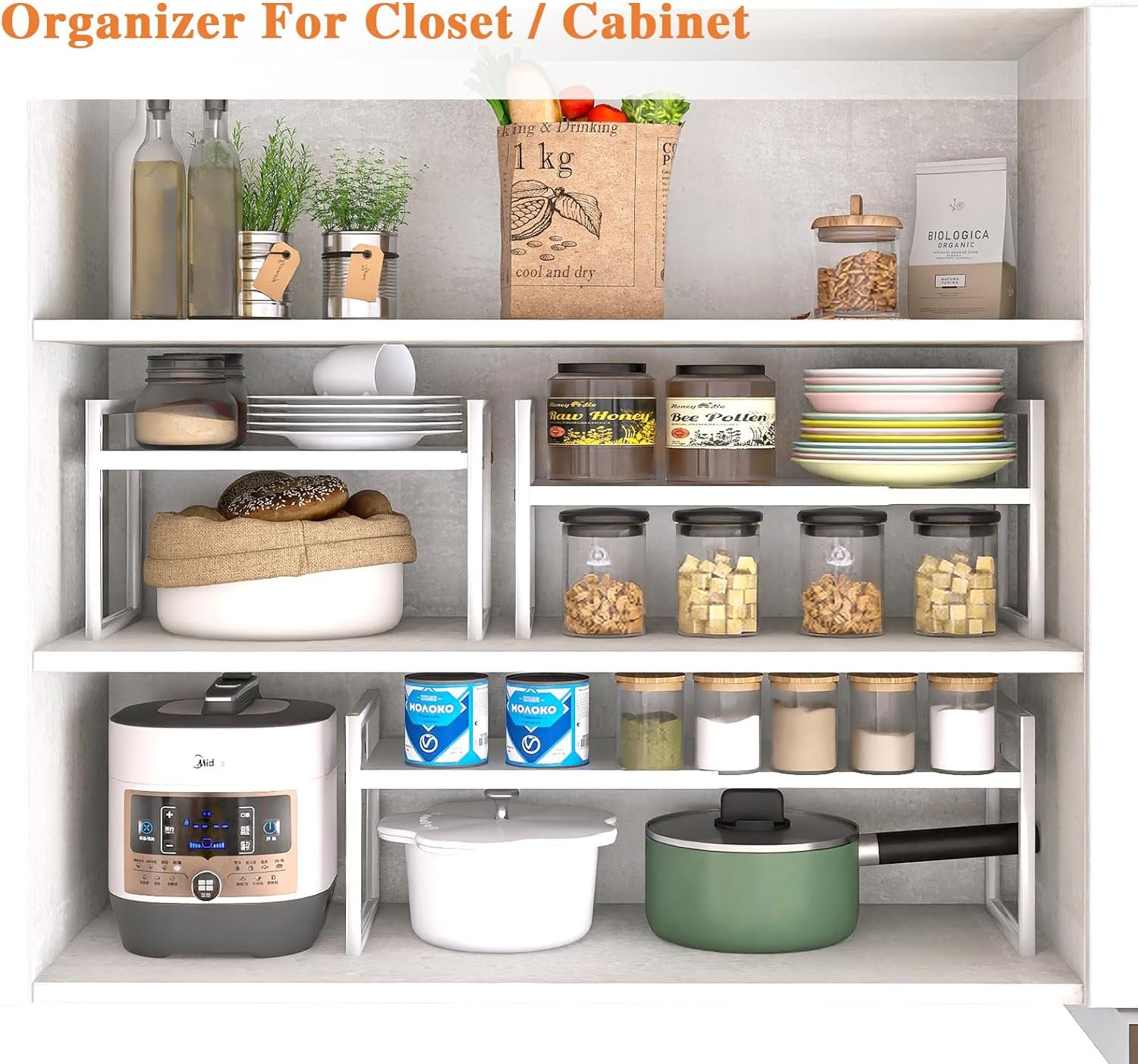 DOLALIKE Expandable kitchen Countertop Organizer, Stackable Cabinet Shelf Organizers, Space Saving Spice Rack Pantry Storage for Bathroom Office Organization (White, 1 Pack) DOLALIKE Expandable kitchen Countertop Organizer, Stackable Cabinet Shelf Organizers, Space Saving Spice Rack Pantry Storage for Bathroom Office Organization (White, 1 Pack)