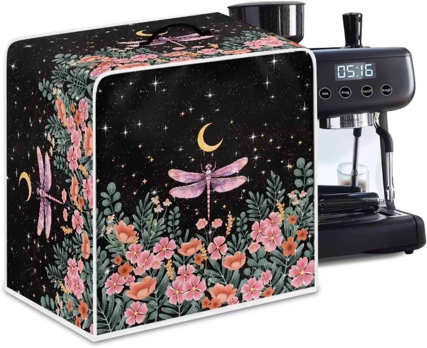 Dragonfly Flower Moon Print Coffee Maker Cover Stain Resistant Washable Covers with Durable Handle Dust Protection Coffee Maker Appliance Cover for Kitchen, Size L Dragonfly Flower Moon Print Coffee Maker Cover Stain Resistant Washable Covers with Durable Handle Dust Protection Coffee Maker Appliance Cover for Kitchen, Size L
