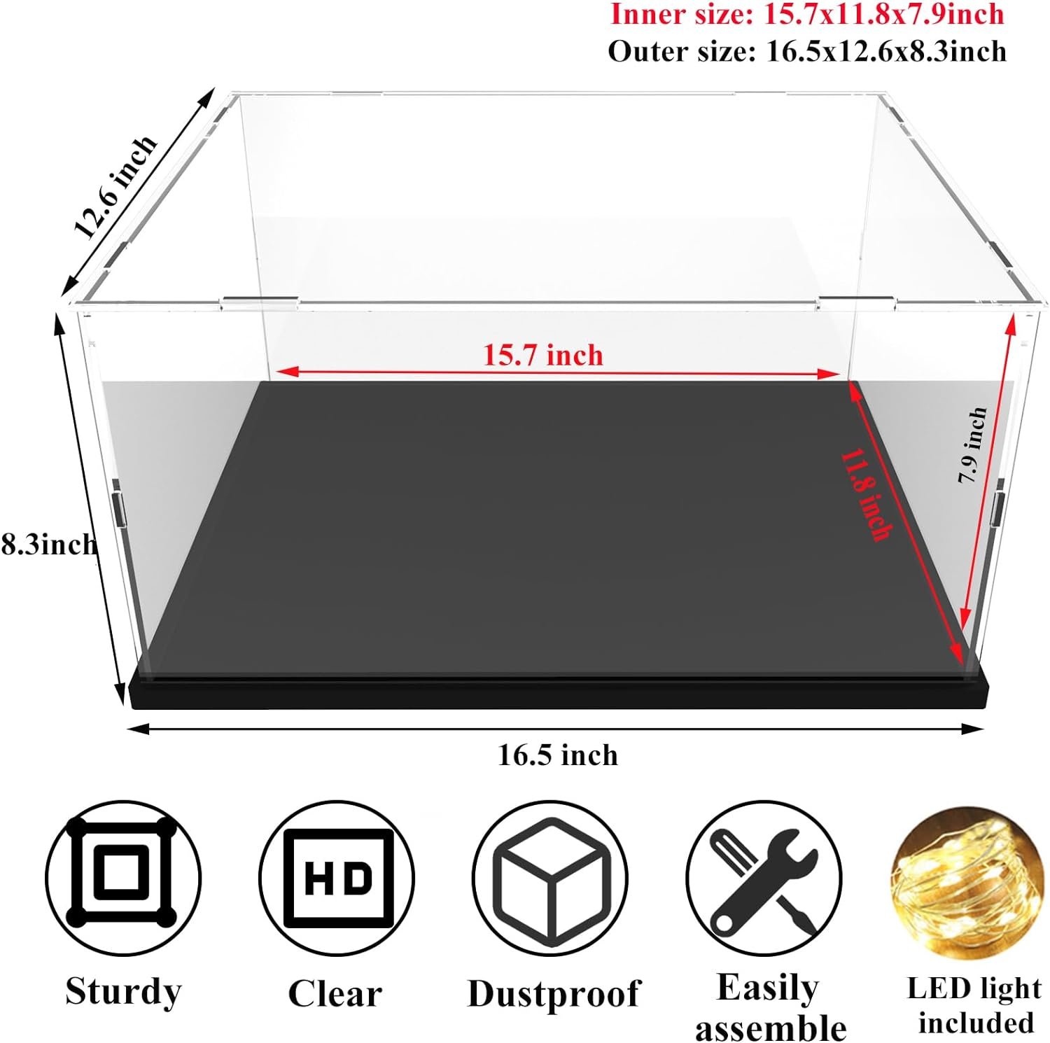 DuvinDD Acrylic Display Case for Large Collectibles, 29 inch Tall Clear Acrylic Box for Bearbrick 1000% Doll Lego, Dustproof Assemble Plastic Display Box, Decorative Storage Cube with Black Base