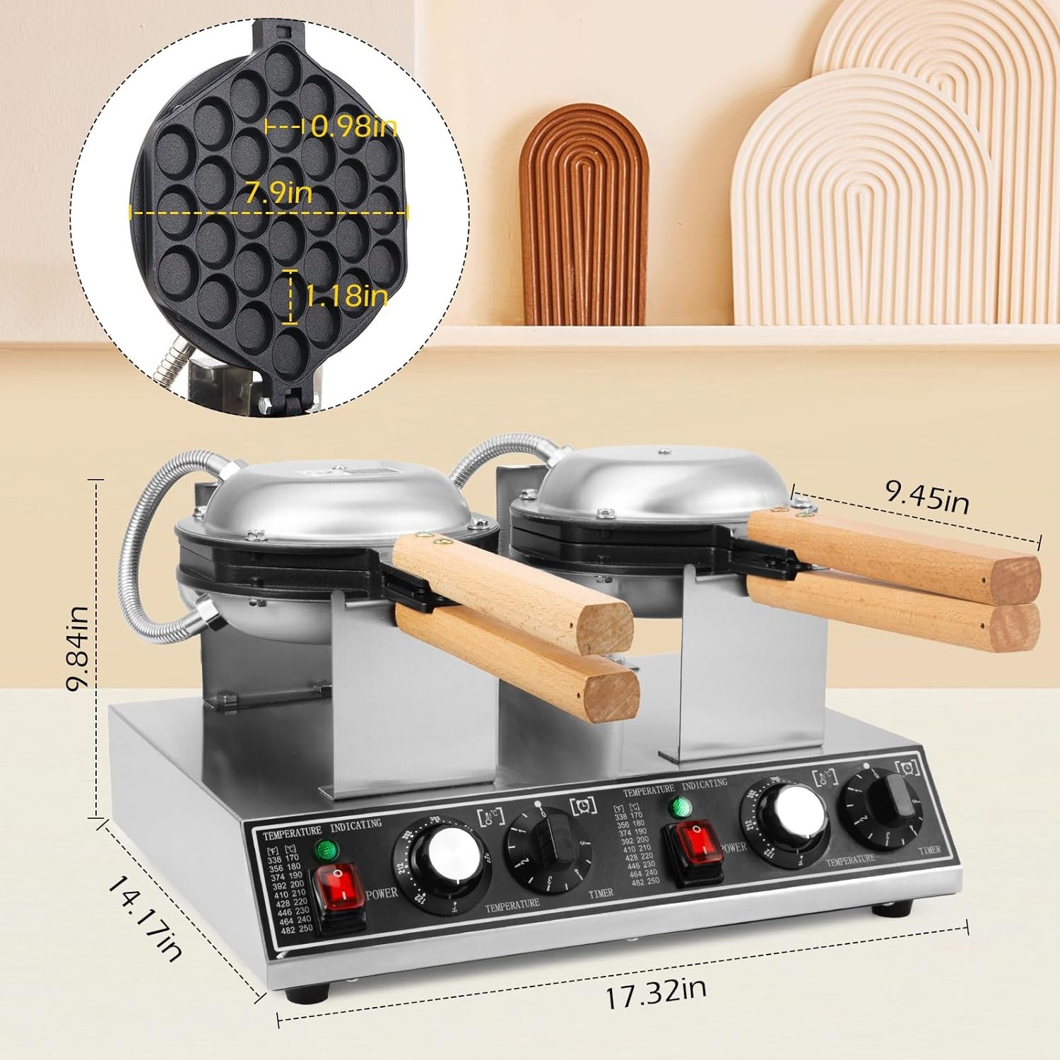 Dyna-Living Commercial Bubble Waffle Maker 1400W1400W Double-head Egg Puff Waffle Maker Non-stick Hong Kong Egg Waffle Maker Stainless Steel Bubble Waffle Machine, Independent Temp  Time Control