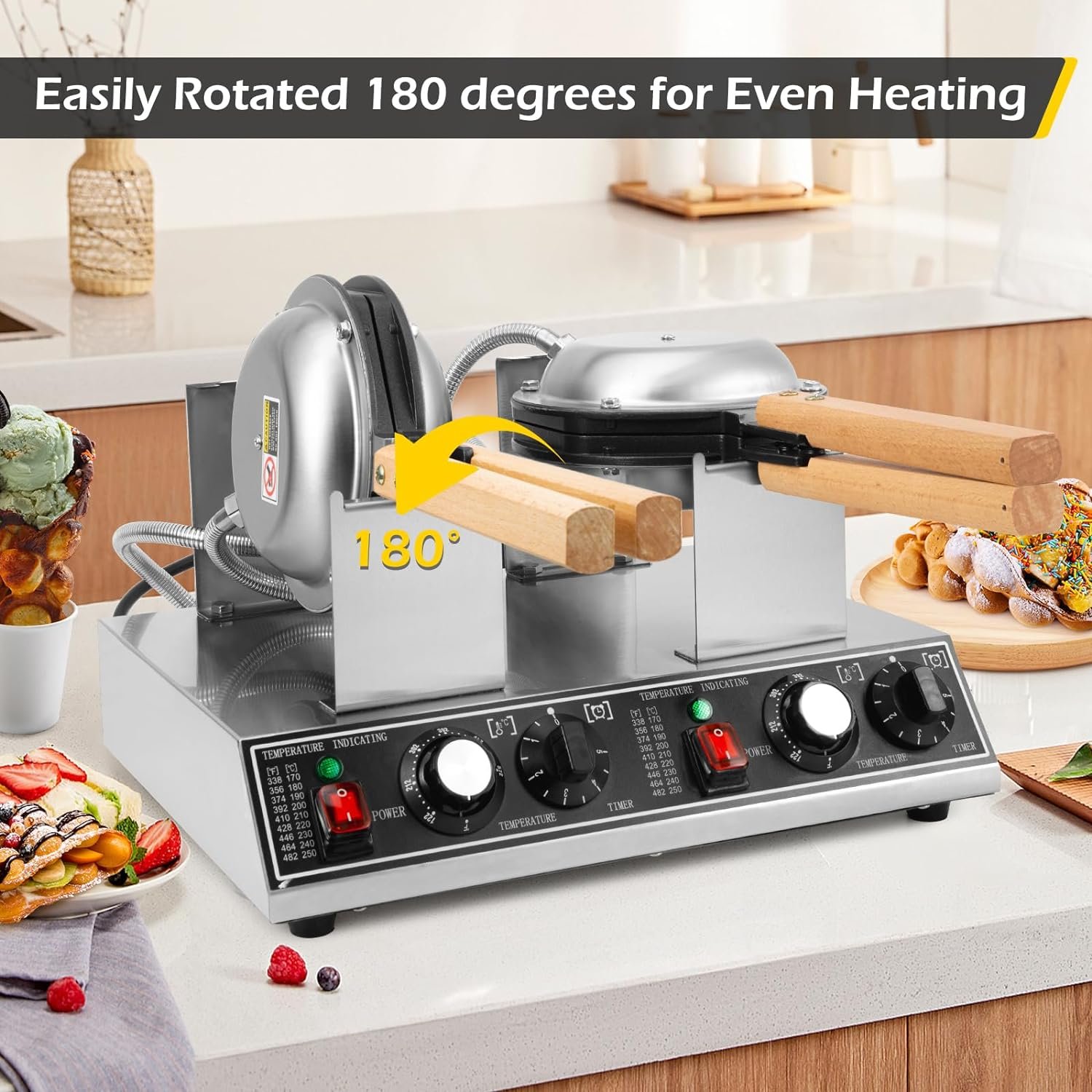 Dyna-Living Commercial Bubble Waffle Maker 1400W1400W Double-head Egg Puff Waffle Maker Non-stick Hong Kong Egg Waffle Maker Stainless Steel Bubble Waffle Machine, Independent Temp  Time Control