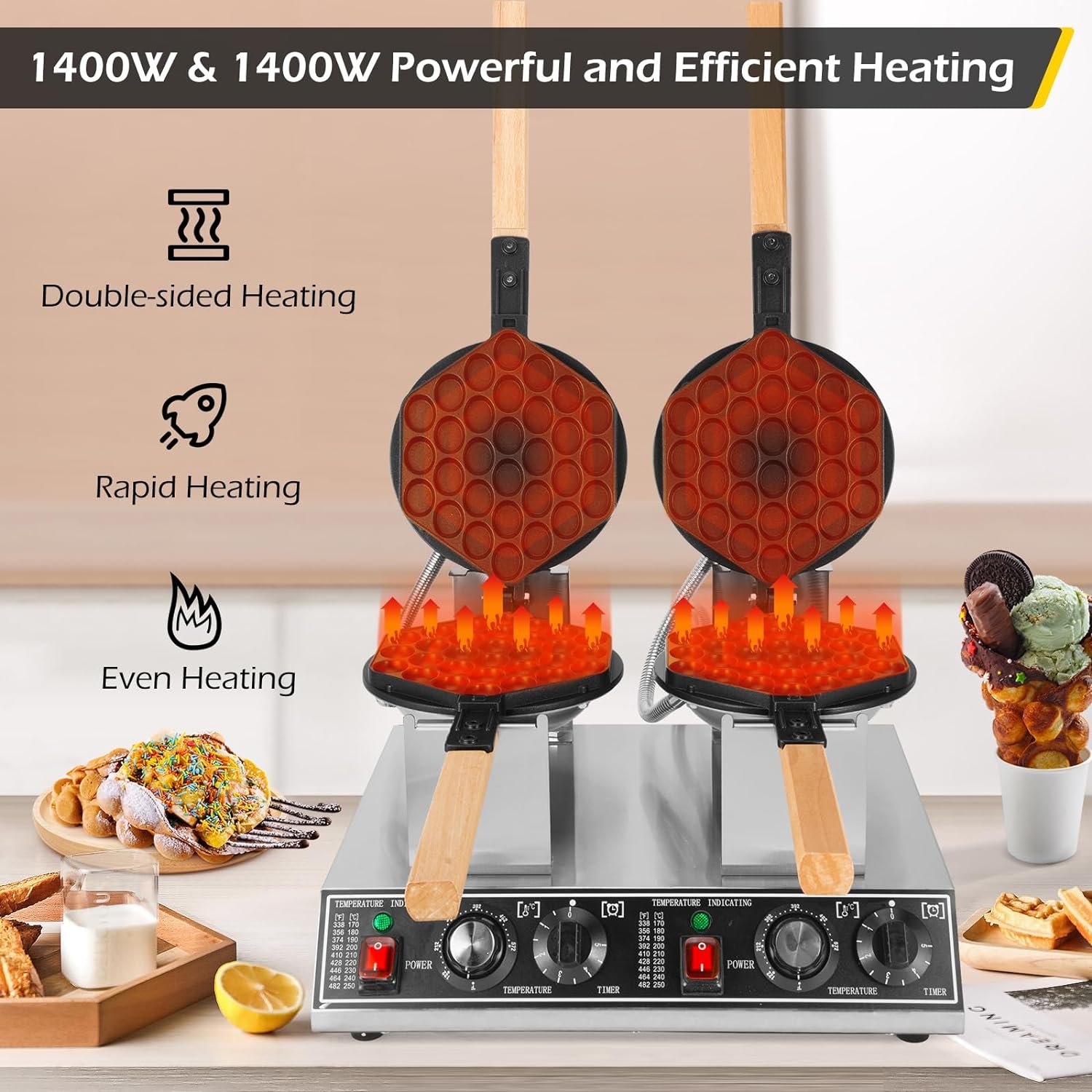 Dyna-Living Commercial Bubble Waffle Maker 1400W1400W Double-head Egg Puff Waffle Maker Non-stick Hong Kong Egg Waffle Maker Stainless Steel Bubble Waffle Machine, Independent Temp  Time Control