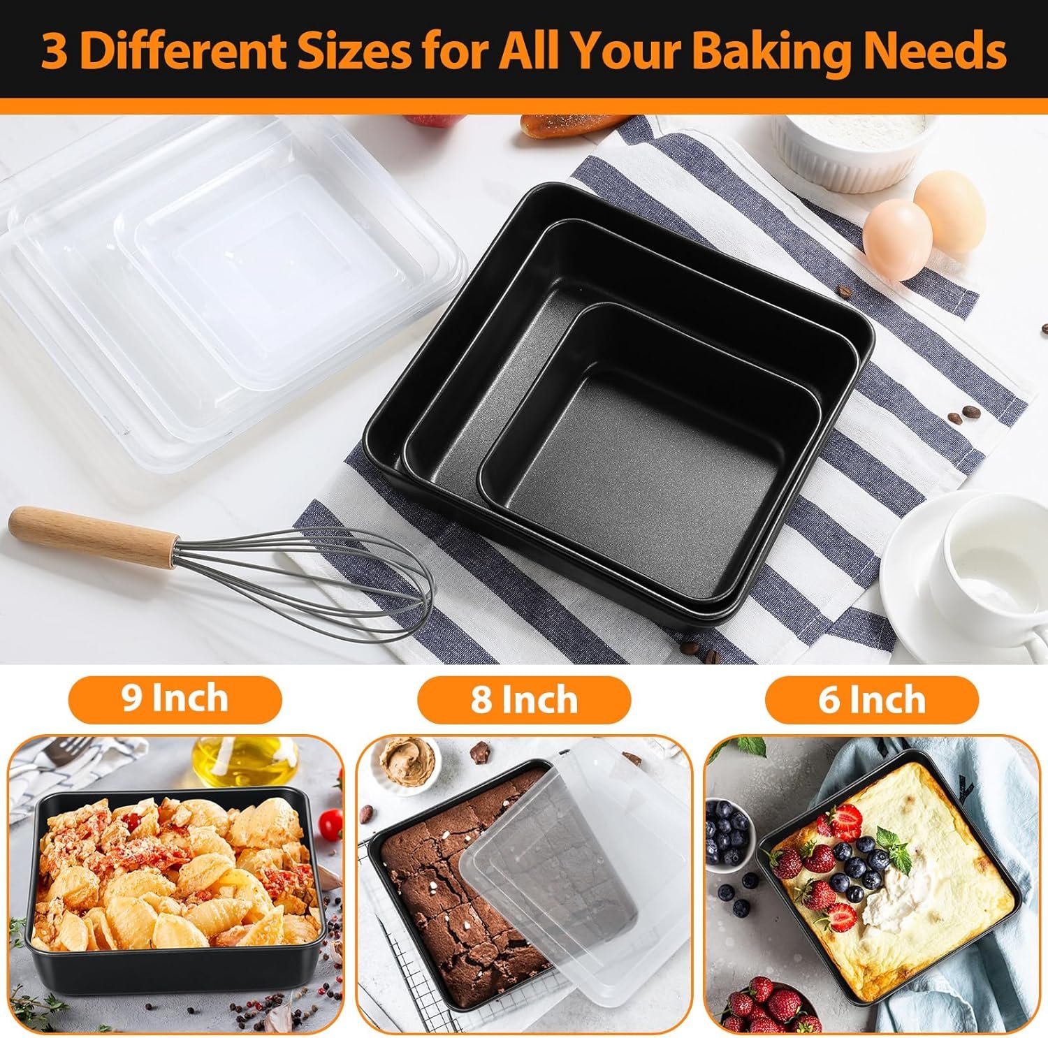 E-far Baking Pans with Lids Set of 3, Nonstick Sheet Cake Pan for Oven Lasagna Brownie Casserole - 12.5/10.5/9.4Inch, Rectangle Metal Bakeware Set, Stainless Steel Core - 6 Pieces(3 Pans + 3 Covers)