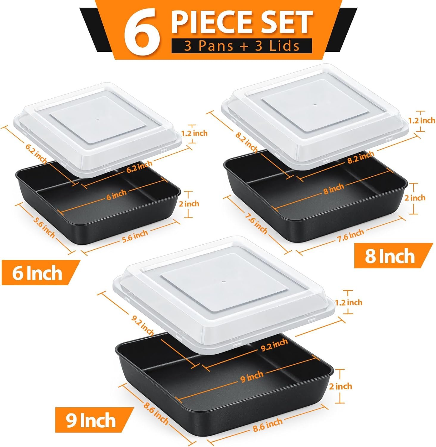 E-far Baking Pans with Lids Set of 3, Nonstick Sheet Cake Pan for Oven Lasagna Brownie Casserole - 12.5/10.5/9.4Inch, Rectangle Metal Bakeware Set, Stainless Steel Core - 6 Pieces(3 Pans + 3 Covers)