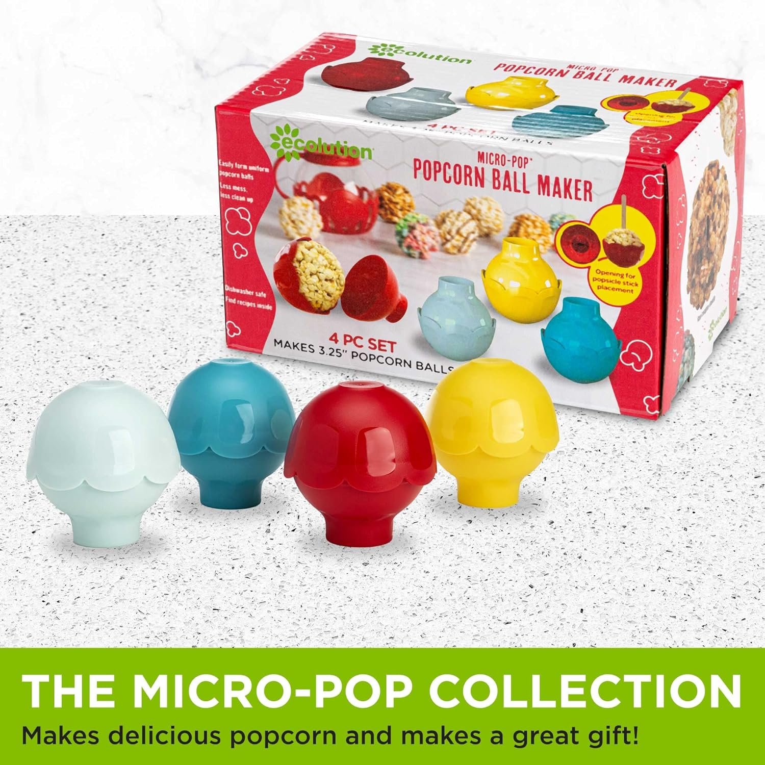 Ecolution Micro-Pop Popcorn Ball Maker Set, Create the Perfect Sized Treats, Made Without BPA, Mess-Free Dishwasher Safe, 4-Piece Set, Multicolor Ecolution Micro-Pop Popcorn Ball Maker Set, Create the Perfect Sized Treats, Made Without BPA, Mess-Free Dishwasher Safe, 4-Piece Set, Multicolor