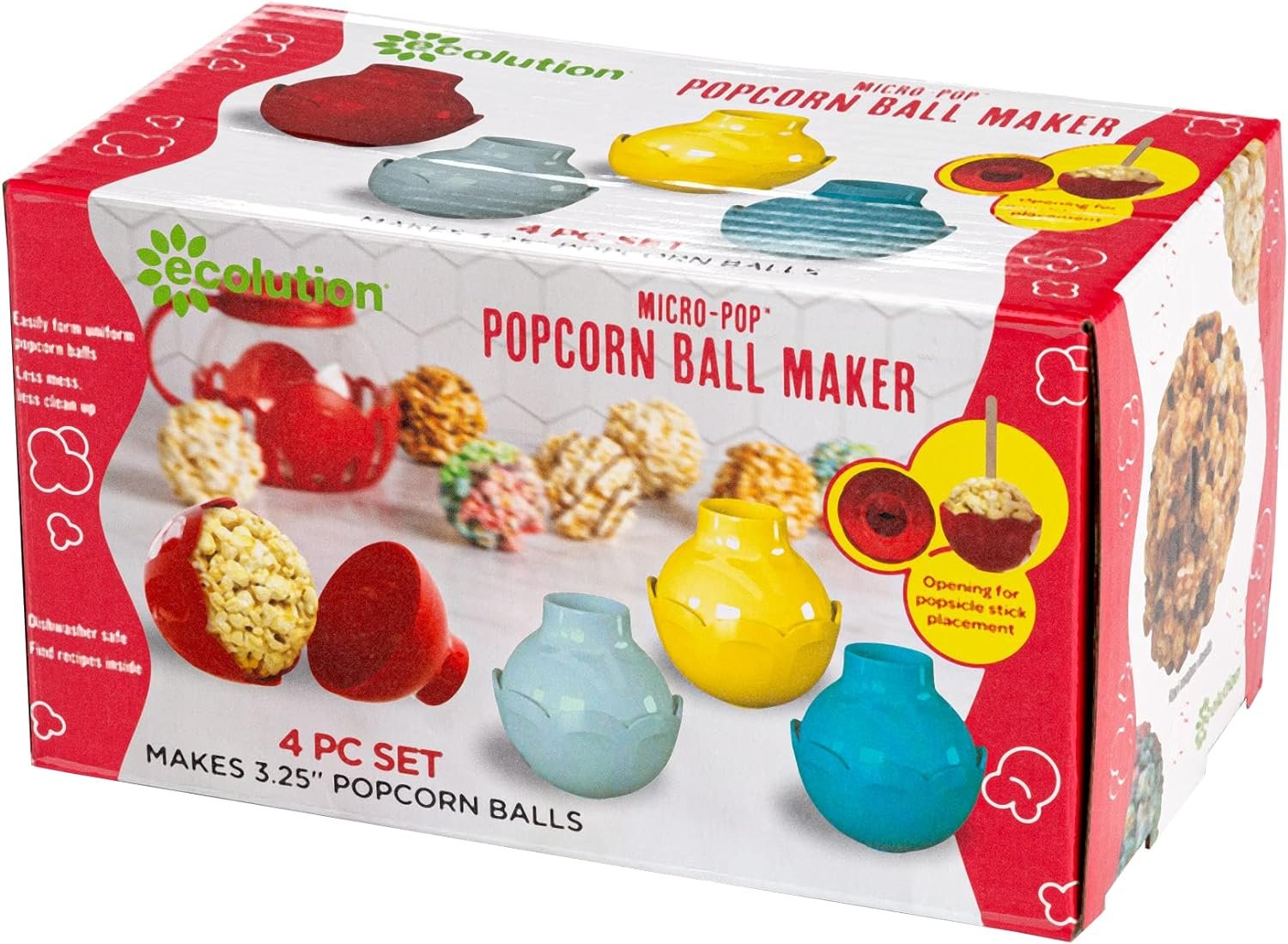 Ecolution Micro-Pop Popcorn Ball Maker Set, Create the Perfect Sized Treats, Made Without BPA, Mess-Free Dishwasher Safe, 4-Piece Set, Multicolor Ecolution Micro-Pop Popcorn Ball Maker Set, Create the Perfect Sized Treats, Made Without BPA, Mess-Free Dishwasher Safe, 4-Piece Set, Multicolor