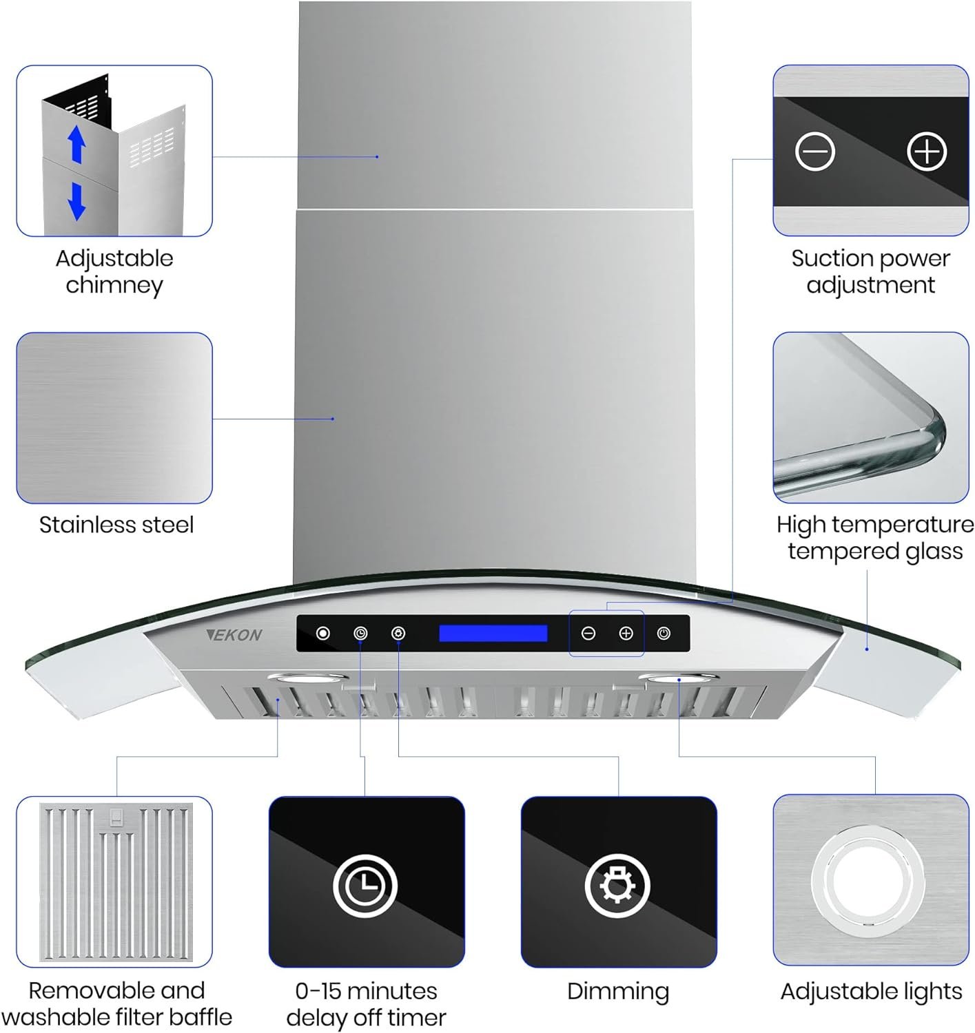 EKON KITCHEN NAP03-30 inch Wall Mounted Stainless Steel  Curved Glass Kitchen Range Hood 900 CFM / 4 Speeds Touch Control With Remote  LCD Display / 2 Pcs 3W Led Lamp / 2 Pcs Baffle Filters