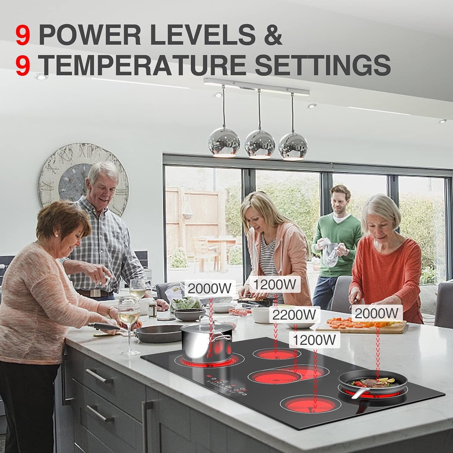 Electric Cooktop 2 Burner, 3000W Electric Stove Top 12 Plug in, 220-240V Electric Burner Countertop and Bulit in,9 Power Levels,Suitable for All Pans,Infrared Burner