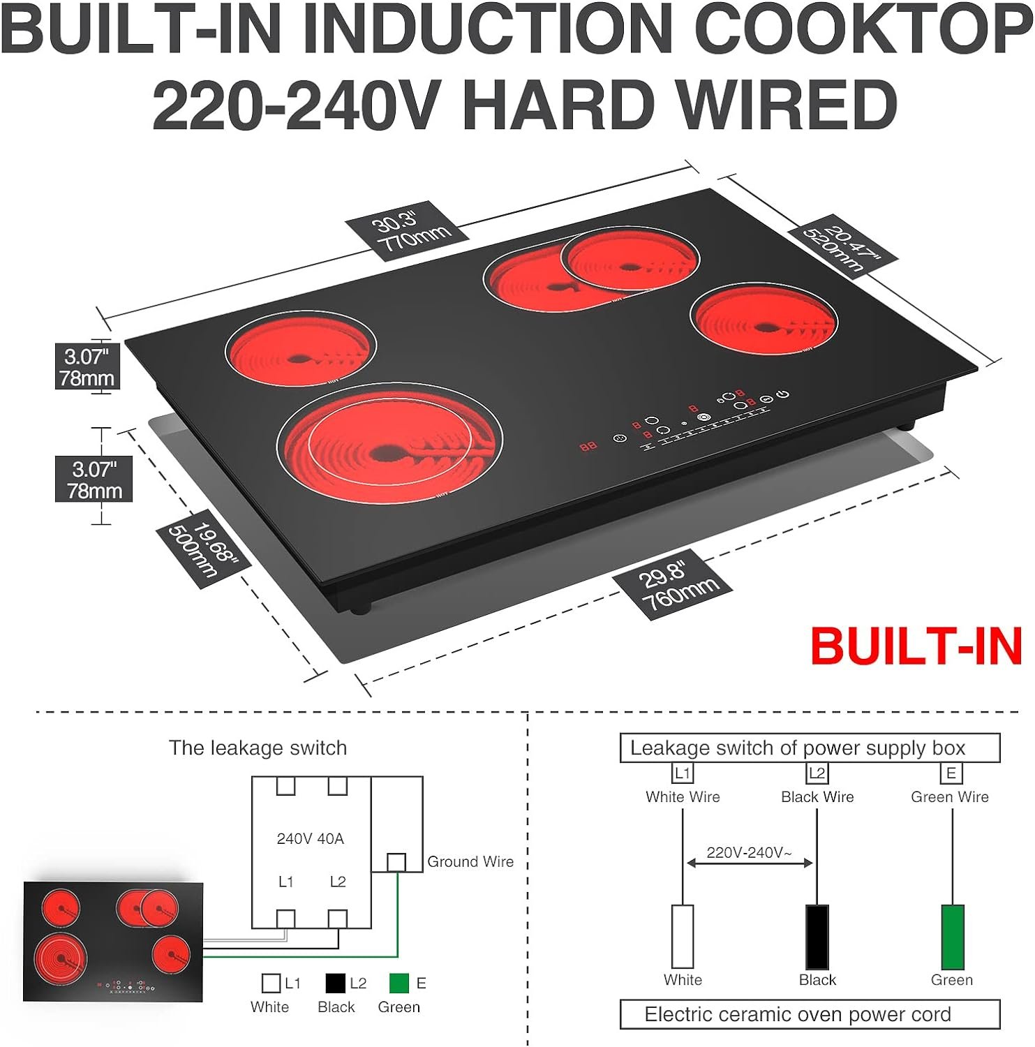Electric Cooktop 2 Burner, 3000W Electric Stove Top 12 Plug in, 220-240V Electric Burner Countertop and Bulit in,9 Power Levels,Suitable for All Pans,Infrared Burner
