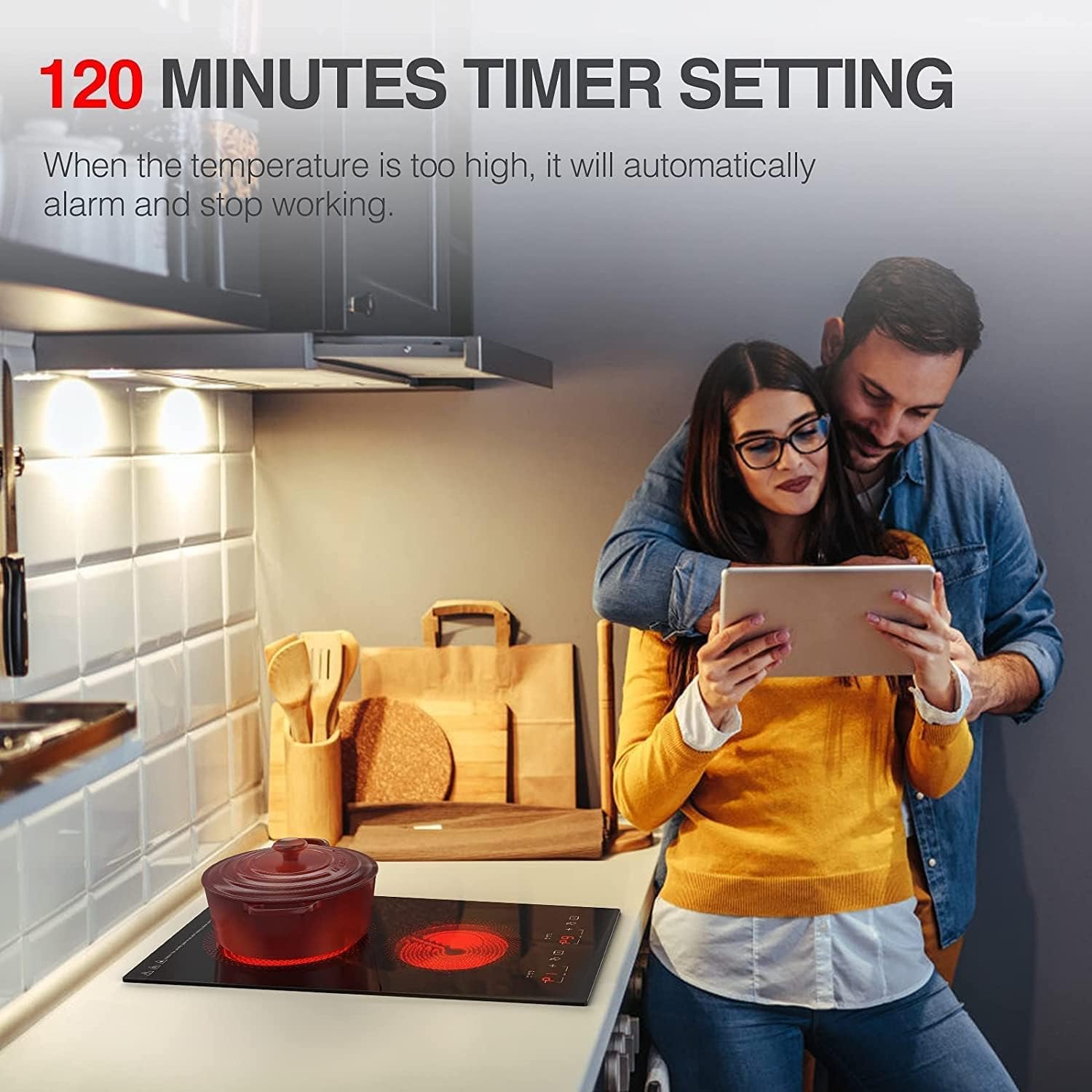 Electric Cooktop 2 Burner, 3000W Electric Stove Top 12 Plug in, 220-240V Electric Burner Countertop and Bulit in,9 Power Levels,Suitable for All Pans,Infrared Burner