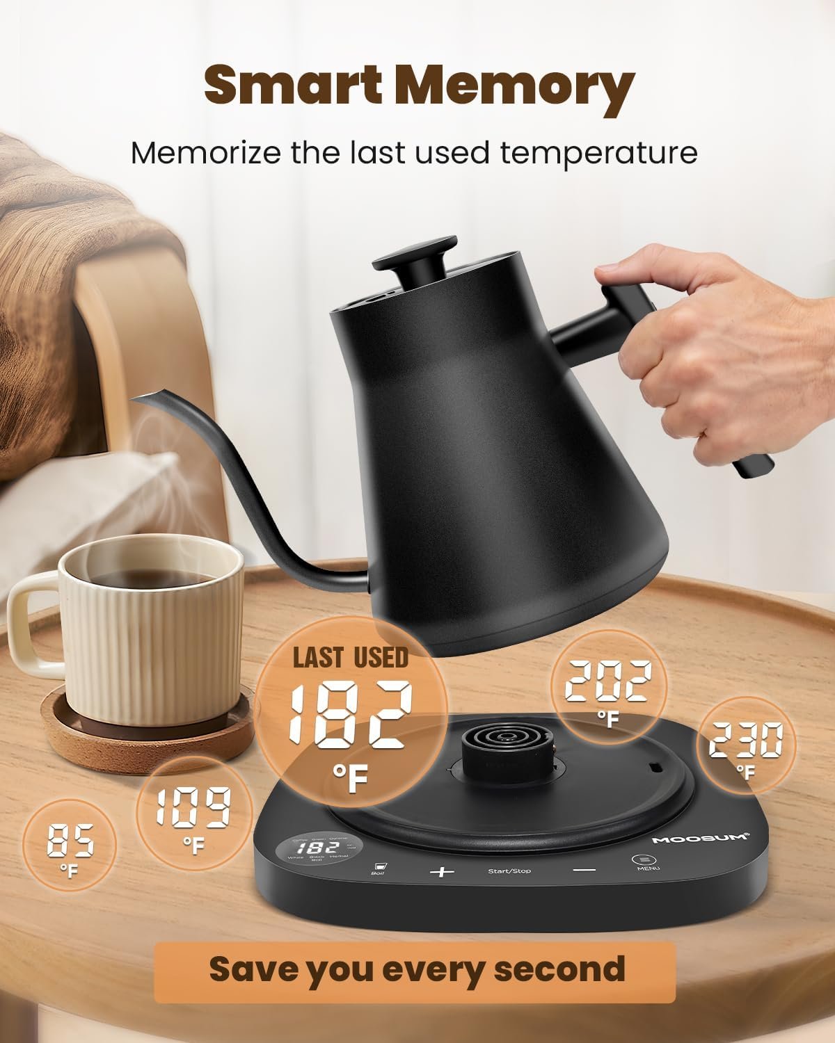 Electric Gooseneck Kettle, 0.8L Electric Tea Kettle Temperature Control Presets, Pour Over Kettle for Coffee, Tea Pot，Simple Operation, Quick Heating, Lightweight Convenient