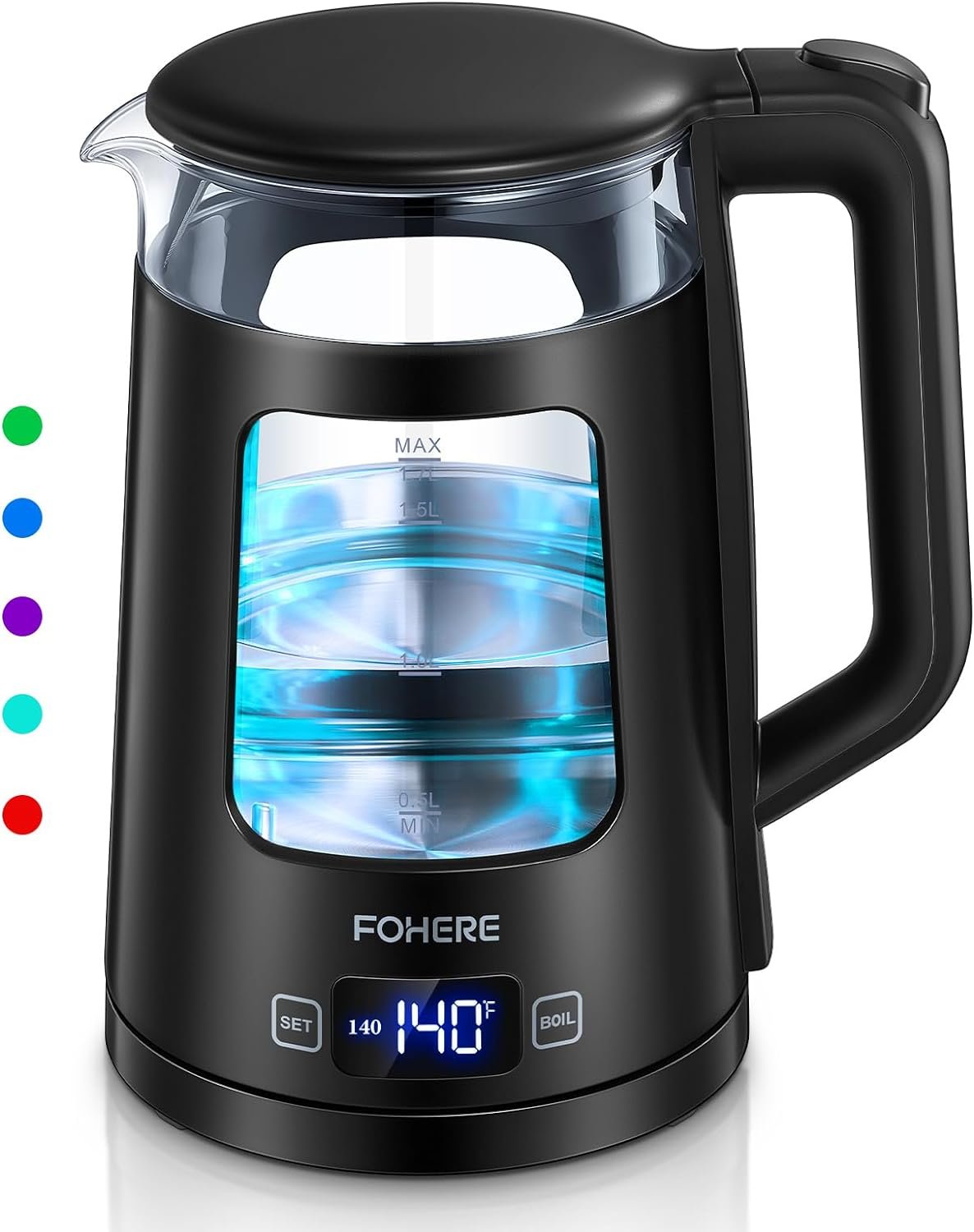 Electric Kettle, 5 Temperature ControlTea Kettle, FOHERE 1.7L Wide Opening Glass Kettle, 1500W Fast Boil, Auto Shut-Off  Boil-Dry Protection, with 5 Colored Lights, BPA-Free, Easy to Clean, Black