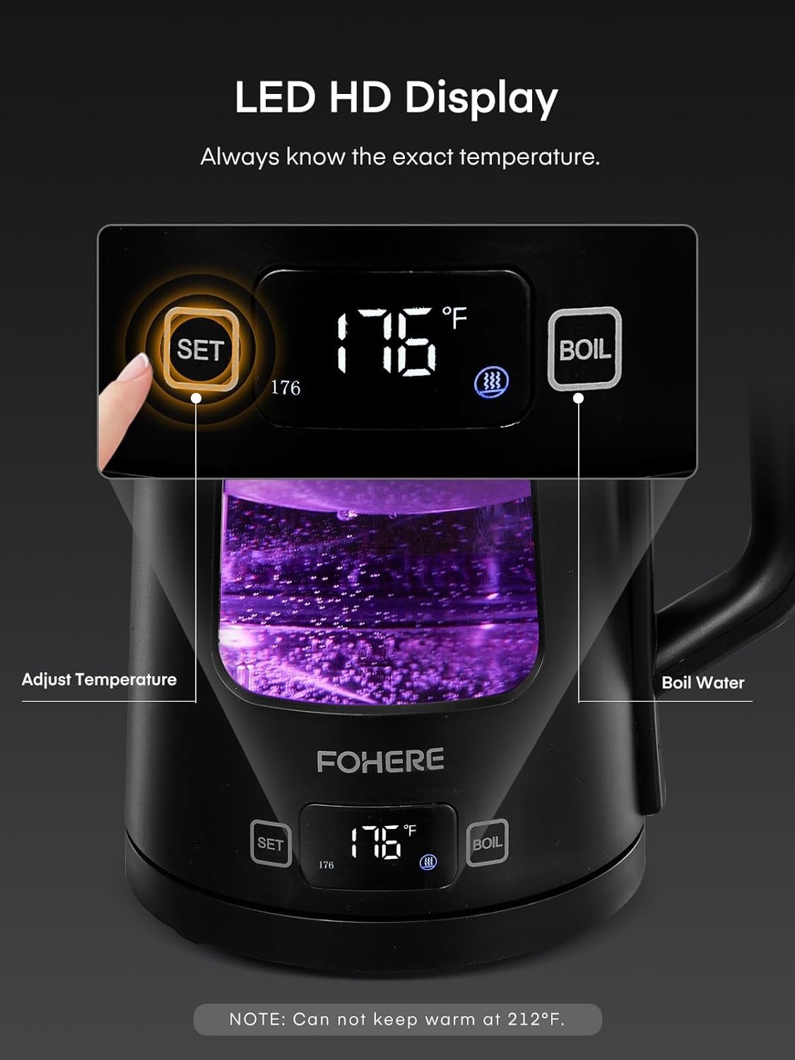 Electric Kettle, 5 Temperature ControlTea Kettle, FOHERE 1.7L Wide Opening Glass Kettle, 1500W Fast Boil, Auto Shut-Off  Boil-Dry Protection, with 5 Colored Lights, BPA-Free, Easy to Clean, Black