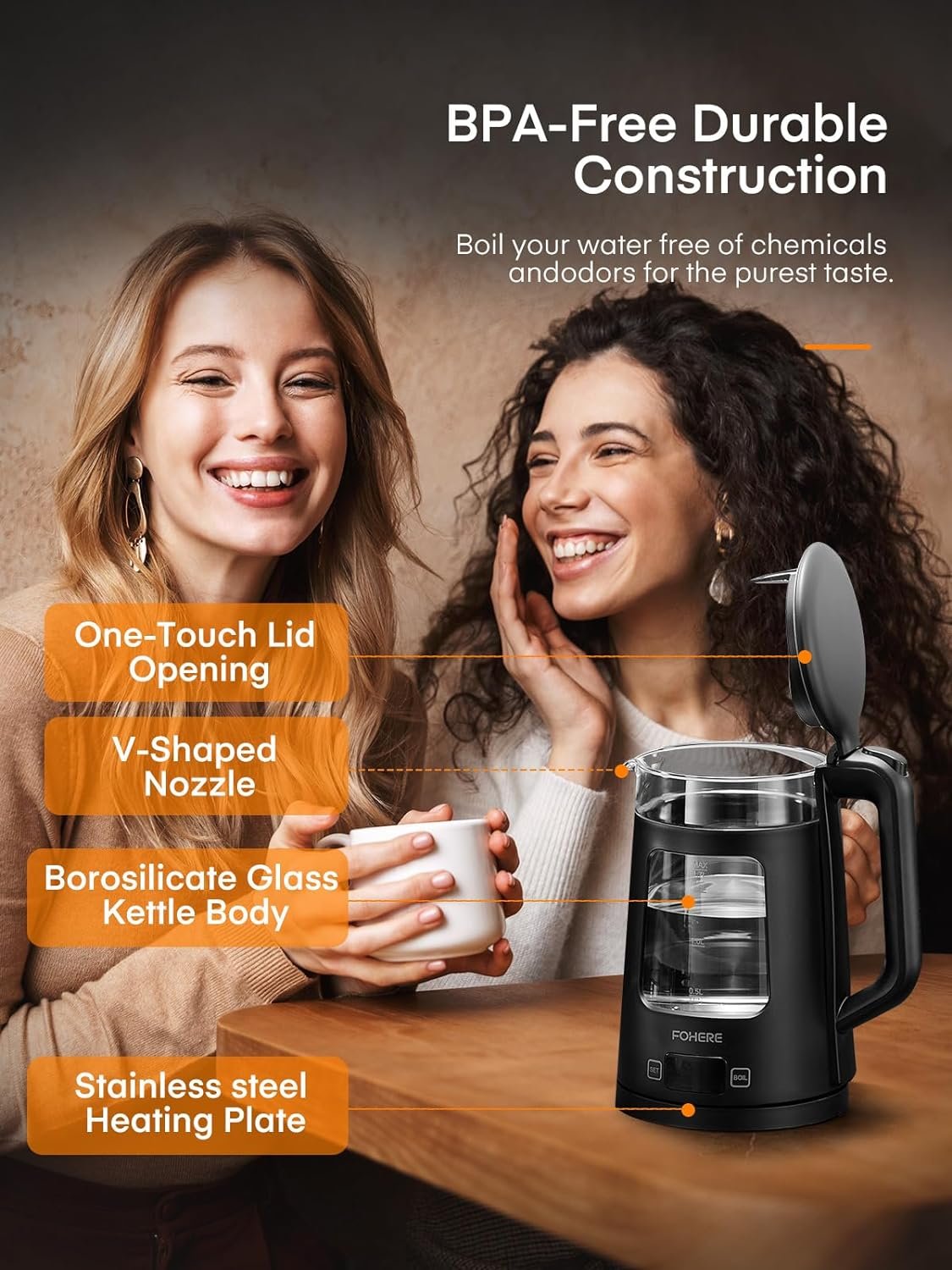 Electric Kettle, 5 Temperature ControlTea Kettle, FOHERE 1.7L Wide Opening Glass Kettle, 1500W Fast Boil, Auto Shut-Off  Boil-Dry Protection, with 5 Colored Lights, BPA-Free, Easy to Clean, Black