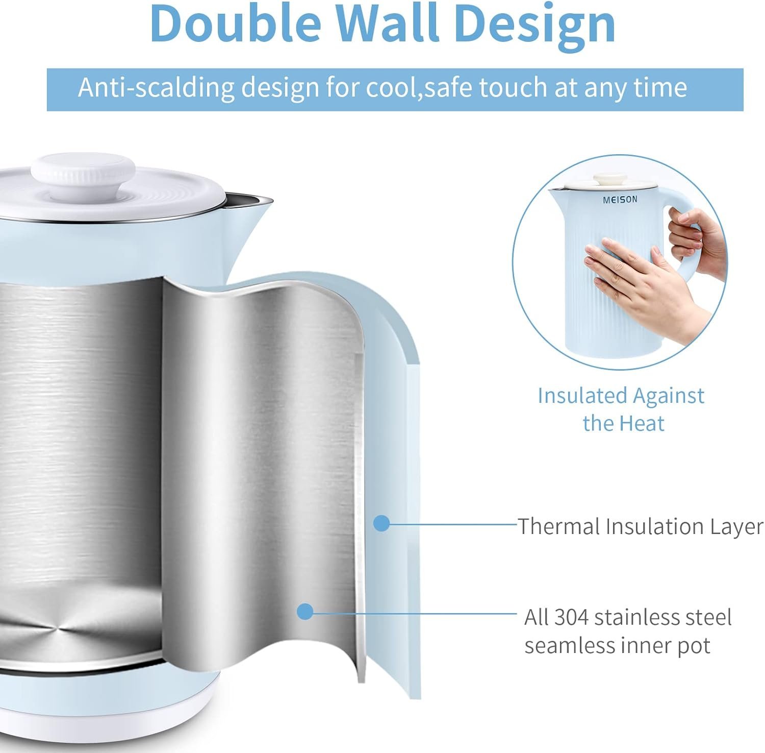 Electric Kettles Stainless Steel for Boiling Water, Double Wall Hot Water Boiler Heater, Cool Touch Electric Teapot, Auto Shut-Off  Boil-Dry Protection, 120V/1200W, 1.7 Liter, 2 Year Warranty