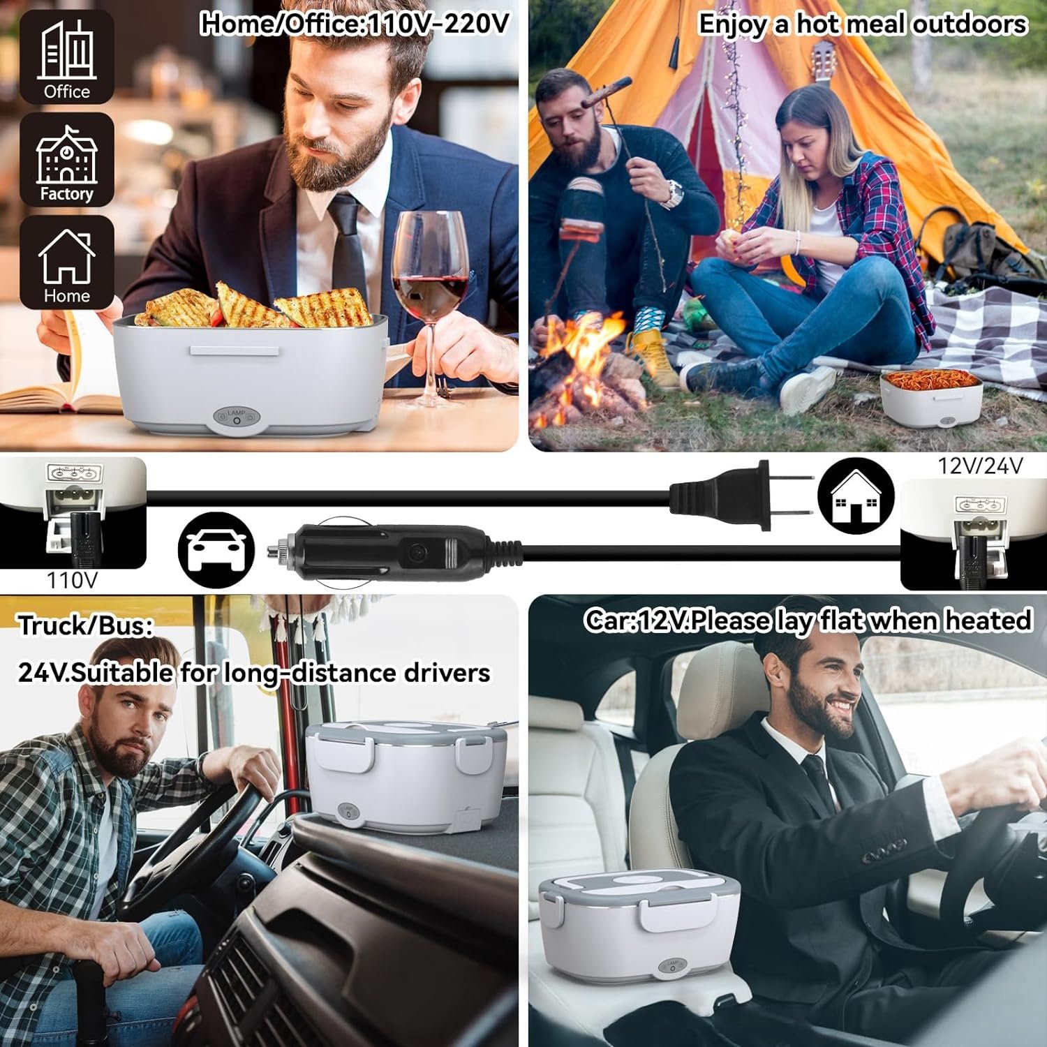 Electric Lunch Box Food Heater for Work - 12V/24V/110-220V Food Warmer for Car Truck Outdoor with 2 Packs Stainless Steel Containers Potable Heating lunch Box for Adults Camping(grey)