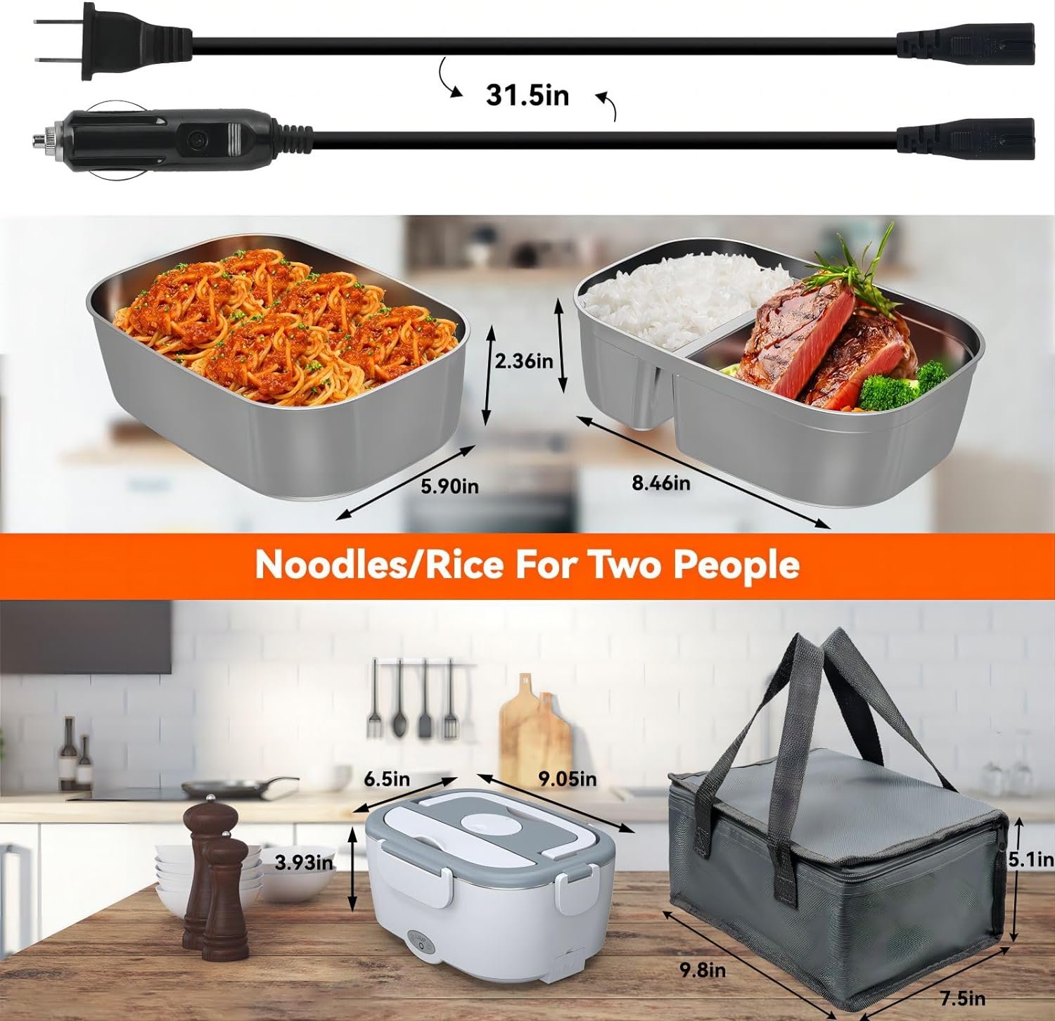 Electric Lunch Box Food Heater for Work - 12V/24V/110-220V Food Warmer for Car Truck Outdoor with 2 Packs Stainless Steel Containers Potable Heating lunch Box for Adults Camping(grey)