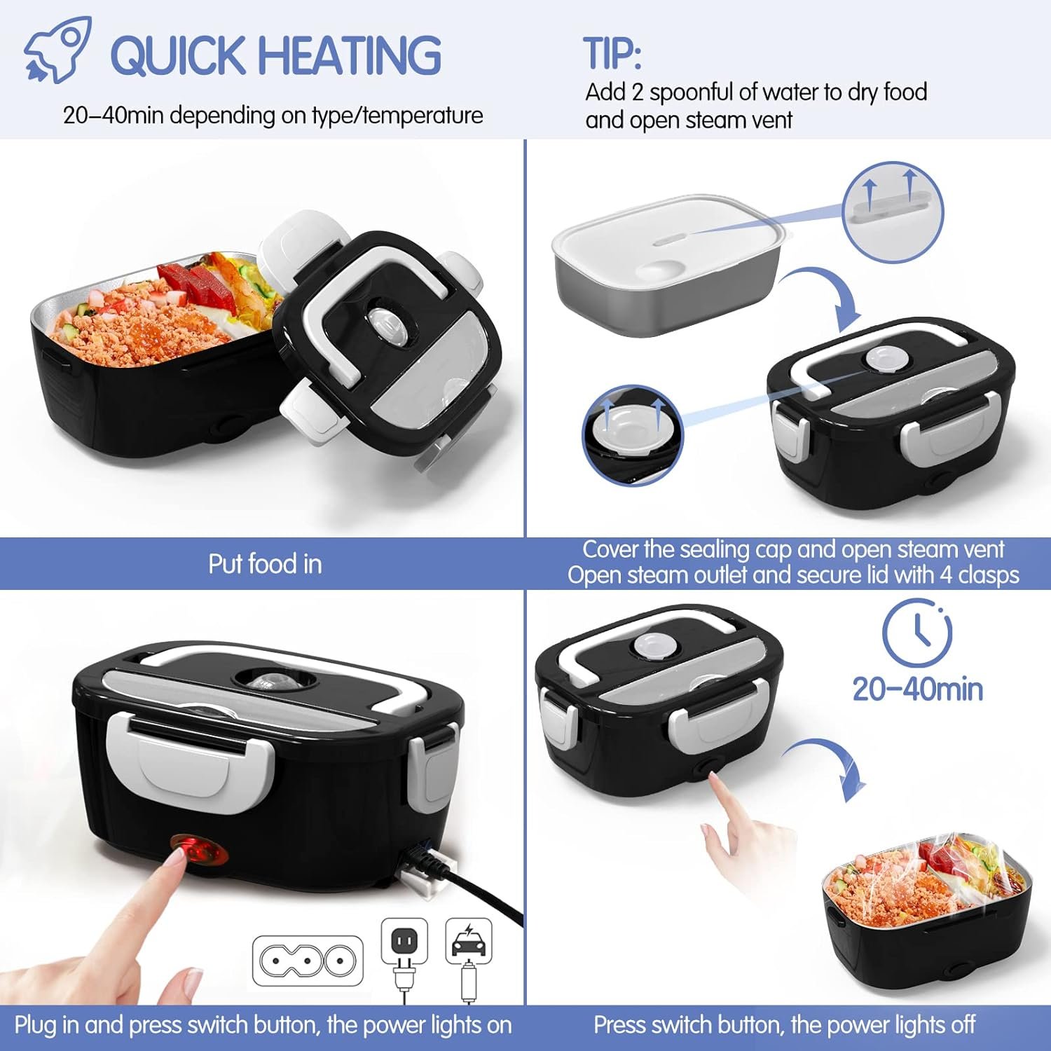 Electric Lunch Box for Car and Home COCOBELA Portable Food Warmer, 60W Faster Food Heater for Adults, 2 Compartments Removable 304 Stainless Steel Container Fork  Spoon
