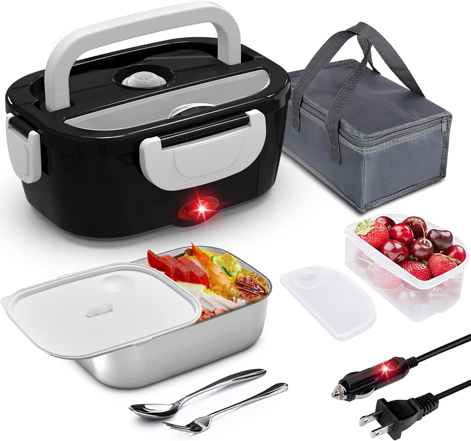 Electric Lunch Box for Car and Home COCOBELA Portable Food Warmer, 60W Faster Food Heater for Adults, 2 Compartments Removable 304 Stainless Steel Container Fork  Spoon