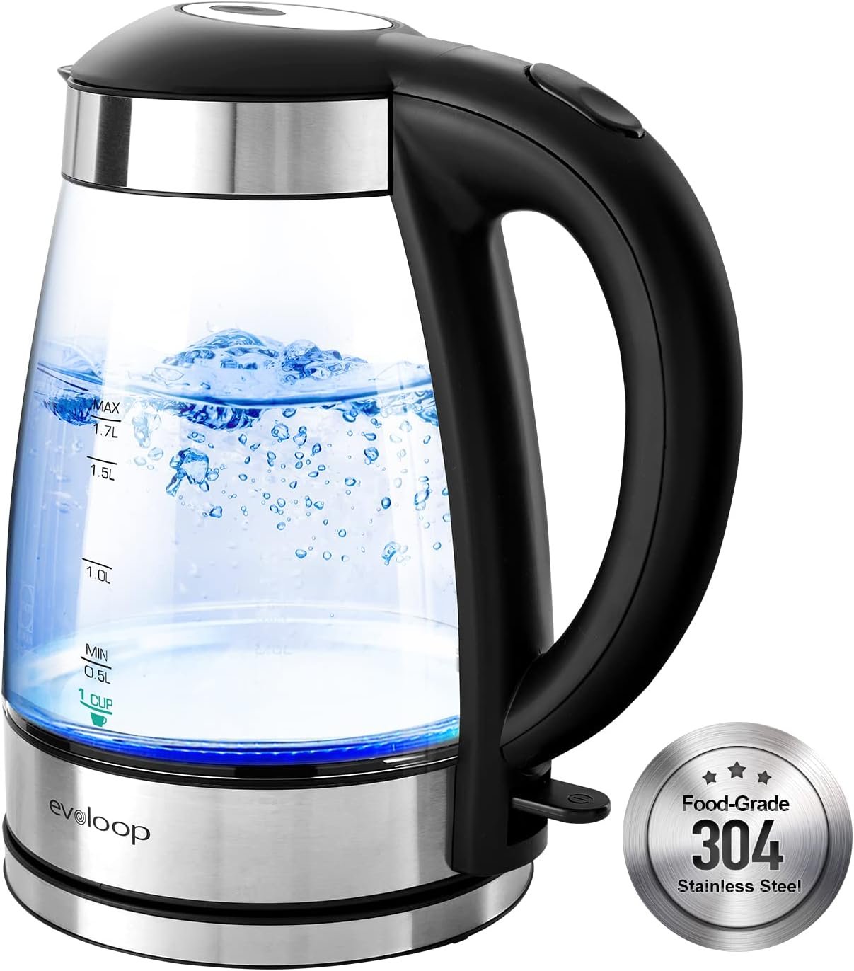 Electric Tea Kettle 1.7L Hot Water Boiler, 1500W Glass Water Kettle with Auto Shut-Off  Boil Dry Protection, BPA Free, Cordless Base  LED Indicator