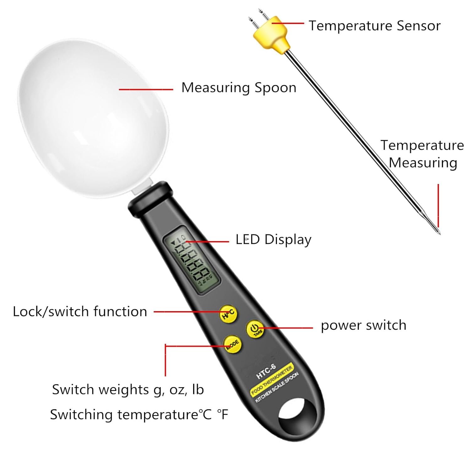 Electronic Measuring Spoon  Digital Meat Thermometer 2 in 1, Instant Read Adjustable Digital Spoon Scale Weigh up 1-500g for Coffee Power,Flour,Baking,Kitchen Frying, Grilling