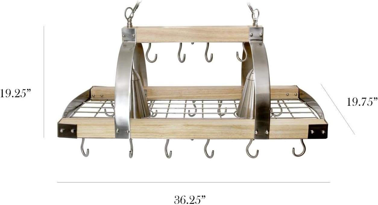 Elegant Designs PR1001-WOD 2 Light Kitchen Wood Pot Rack with Downlights, Wood with Brushed Nickel Accents