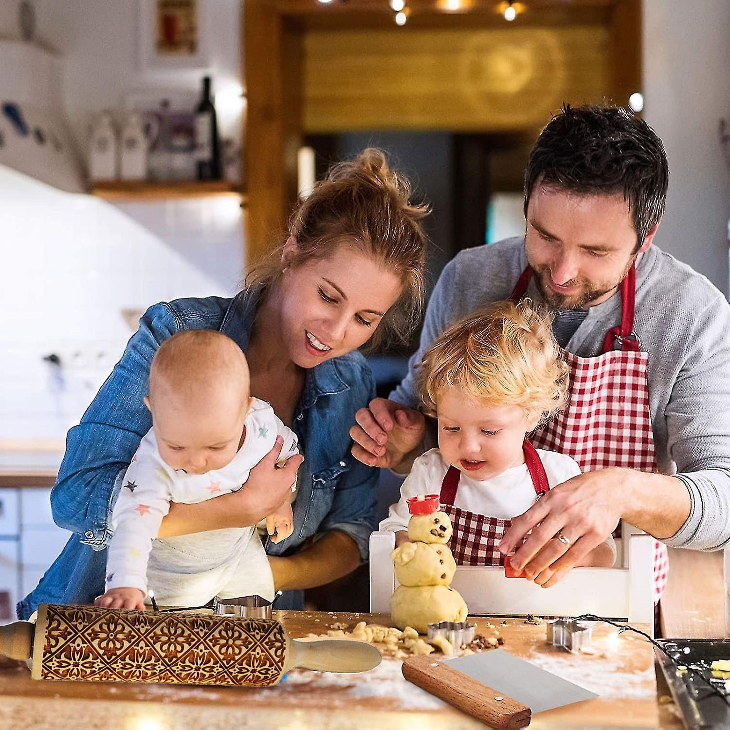 Embossed Rolling Pin,Rolling Pins for Baking,Xmas Christmas Wooden Rolling Pin, Deep Engraved Embossing Rolling Pin Kitchen Decor Tools for Baking Embossed Cookies (Style A)