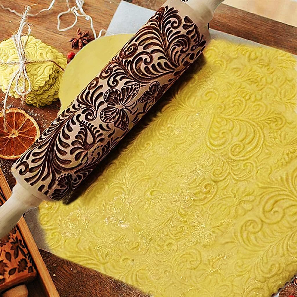 Embossed Rolling Pin,Rolling Pins for Baking,Xmas Christmas Wooden Rolling Pin, Deep Engraved Embossing Rolling Pin Kitchen Decor Tools for Baking Embossed Cookies (Style A)