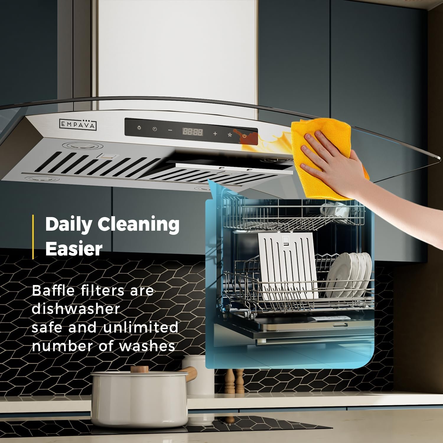 Empava Island Range Hood 36 Inch, Ducted Convertible Ductless(No Kit Included), Kitchen Exhaust Stove Vent with 400CFM, Tempered Glass, Permanent Filter LED Light in Stainless Steel EMPV-36RH09