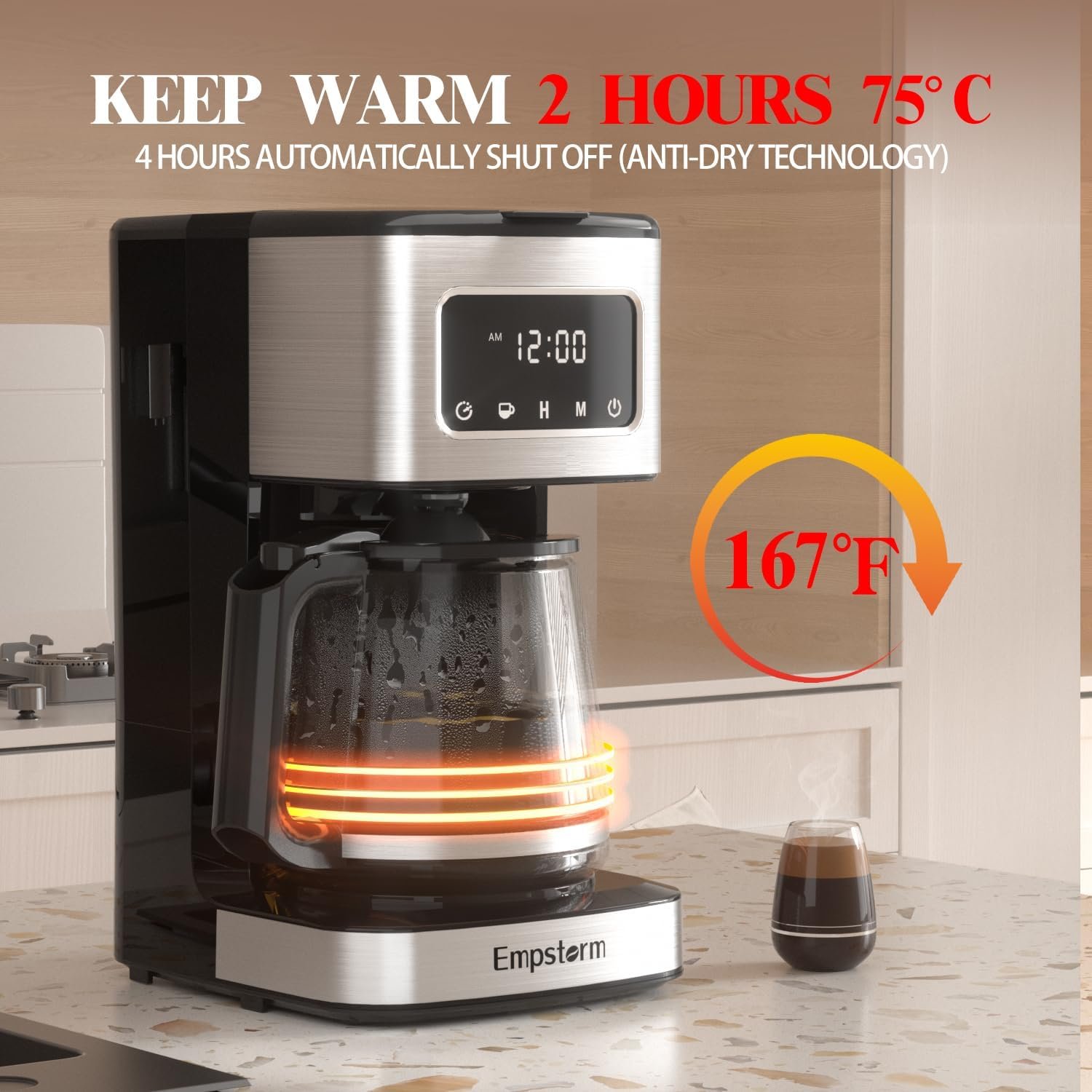 Empstorm 12 Cup Programmable Drip Coffee Maker - 1000W Fast Brew Coffee Machine with Glass Carafe, Auto Shut Off 4-Hour Keep Warm, Anti-Drip System, Strong Brew, Black with Stainless Steel Accents Empstorm 12 Cup Programmable Drip Coffee Maker - 1000W Fast Brew Coffee Machine with Glass Carafe, Auto Shut Off 4-Hour Keep Warm, Anti-Drip System, Strong Brew, Black with Stainless Steel Accents