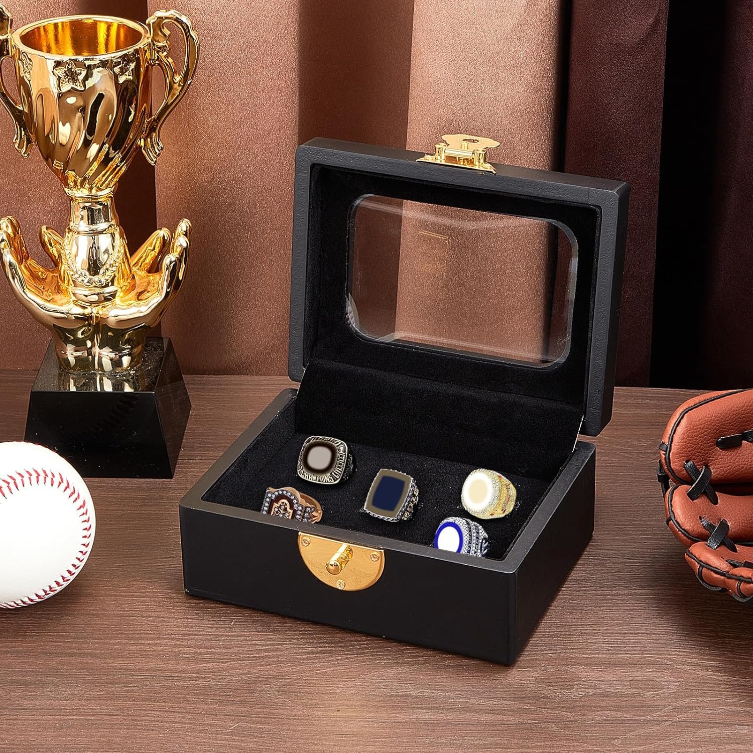 Equsion Championship Ring Display Case 5 Ring Posts Clear Display Case Box with Locks Acrylic Baseball Ring Holder for Multiple Rings Sports Fan Souvenirs, Black