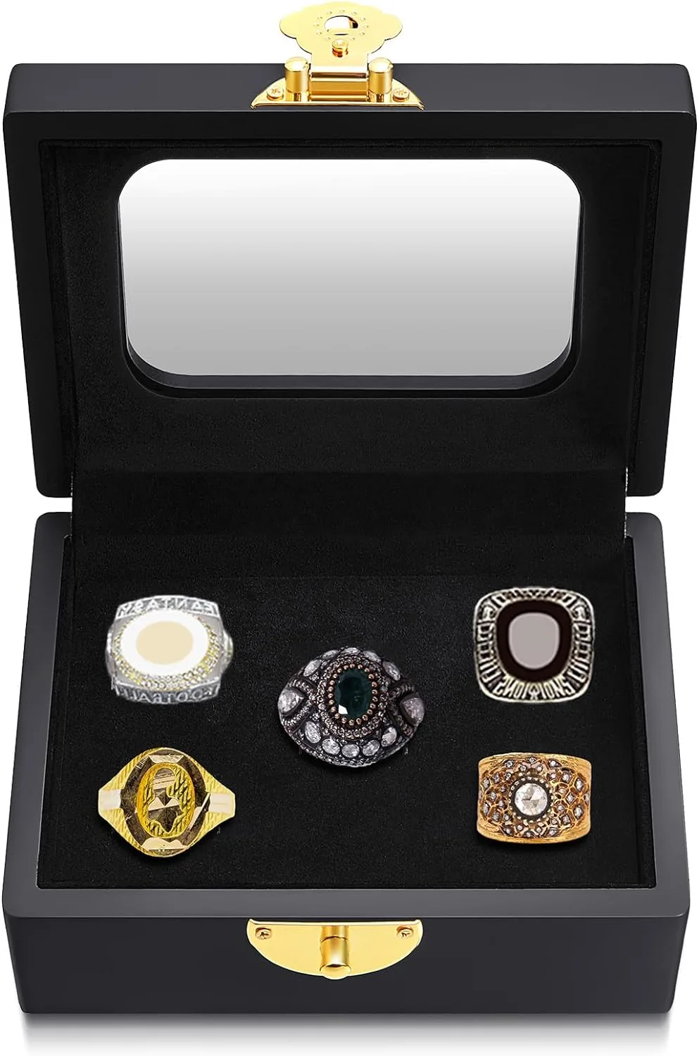 Equsion Championship Ring Display Case 5 Ring Posts Clear Display Case Box with Locks Acrylic Baseball Ring Holder for Multiple Rings Sports Fan Souvenirs, Black Equsion Championship Ring Display Case 5 Ring Posts Clear Display Case Box with Locks Acrylic Baseball Ring Holder for Multiple Rings Sports Fan Souvenirs, Black