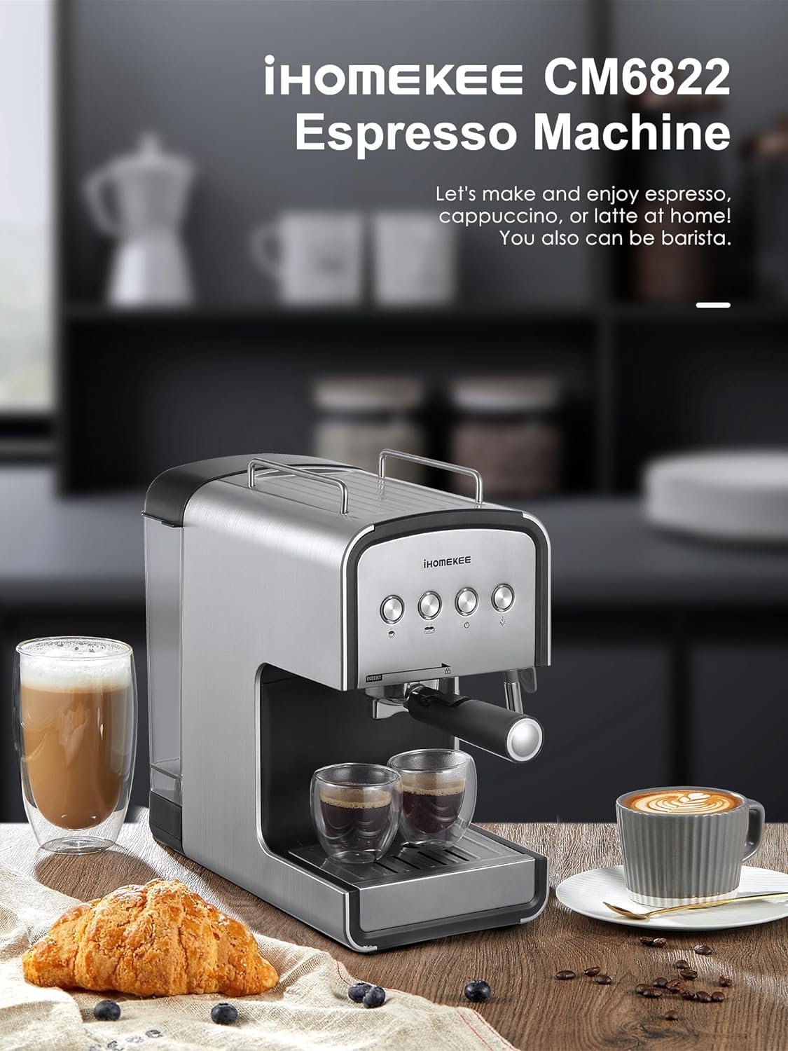 Espresso Machine 15 Bar, Coffee Maker for Cappuccino and Latte Maker with Milk Frother Steam Wand, Fast Heating Coffee Machine for Home, Office - CM6822, Silver+Black