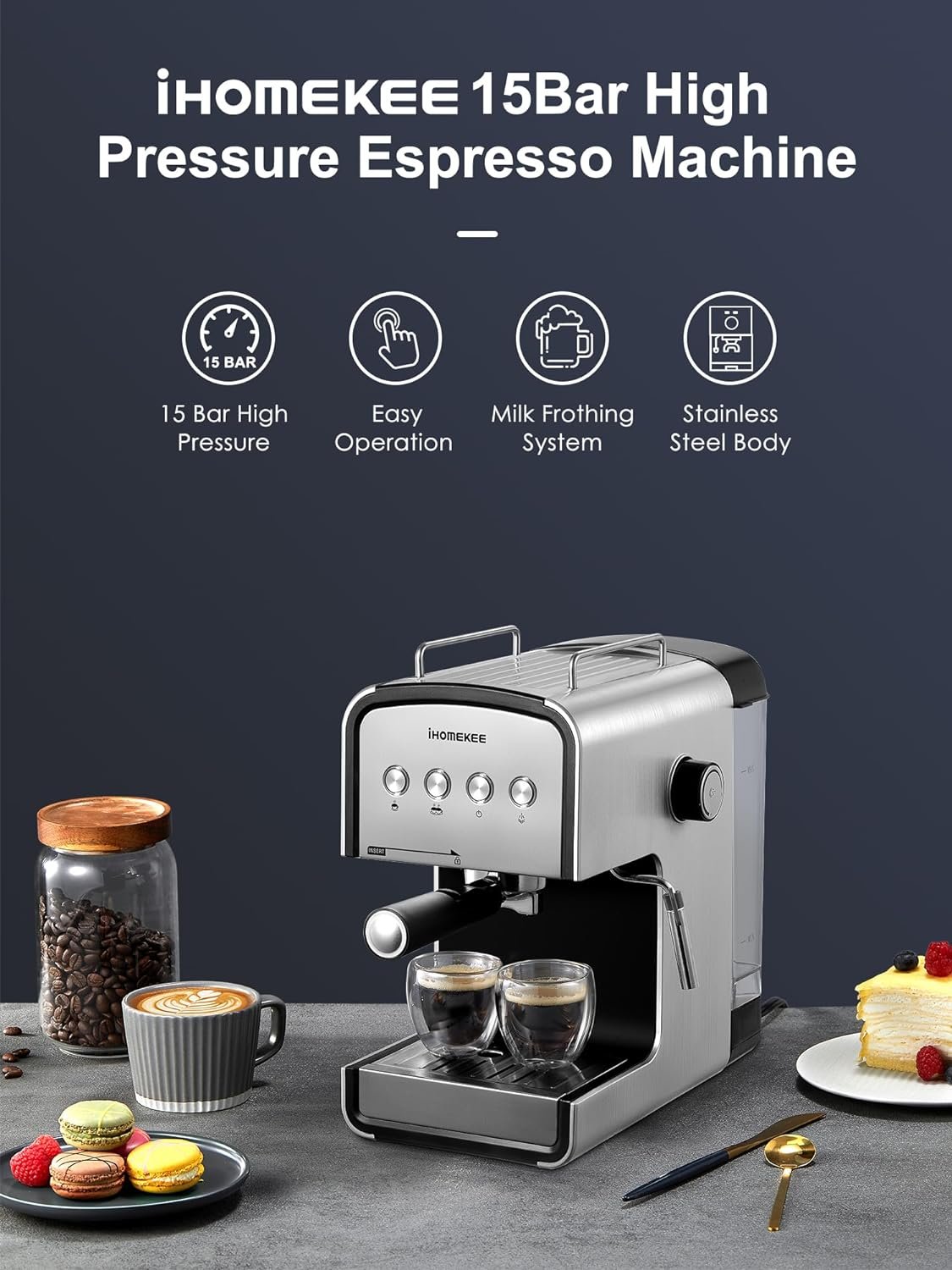 Espresso Machine 15 Bar, Coffee Maker for Cappuccino and Latte Maker with Milk Frother Steam Wand, Fast Heating Coffee Machine for Home, Office - CM6822, Silver+Black
