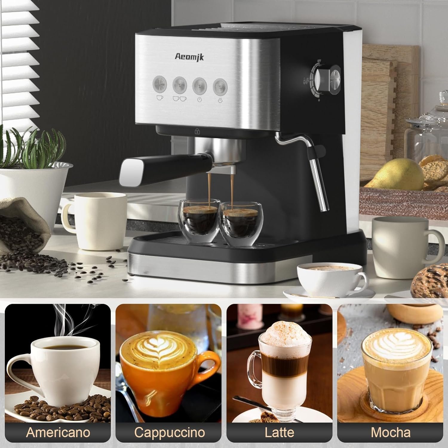 Espresso Machine, 20 Bar Stainless Steel Espresso Maker with Milk Frother Steam Wand, Coffee Espresso Machine for Cappuccino, Latte, for Home, 34oz Removable Water Tank