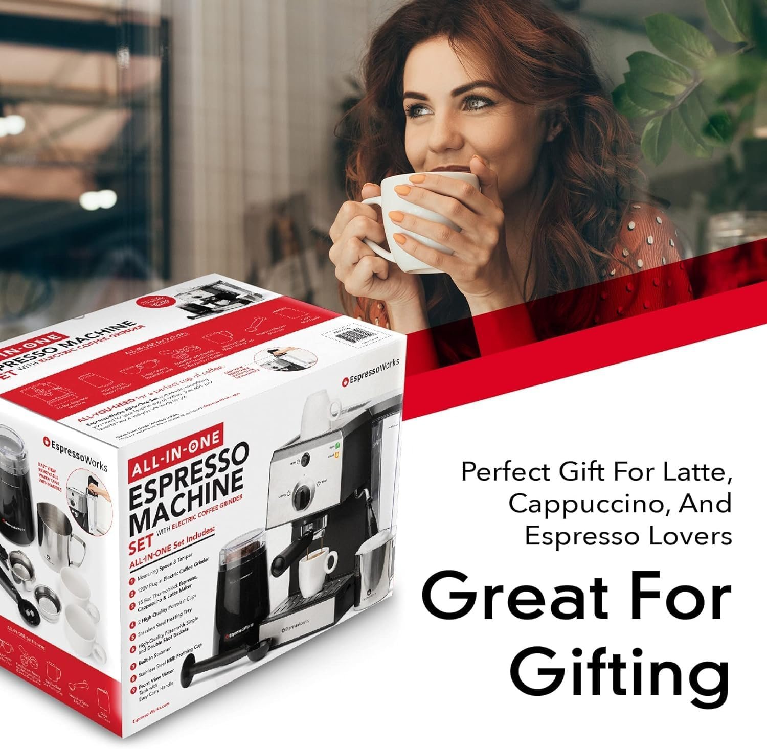 EspressoWorks All-In-One Espresso Machine with Milk Frother 7-Piece Set - Cappuccino Maker Includes Grinder, Frothing Pitcher, Cups, Spoon and Tamper - Coffee Gifts (White) EspressoWorks All-In-One Espresso Machine with Milk Frother 7-Piece Set - Cappuccino Maker Includes Grinder, Frothing Pitcher, Cups, Spoon and Tamper - Coffee Gifts (White)