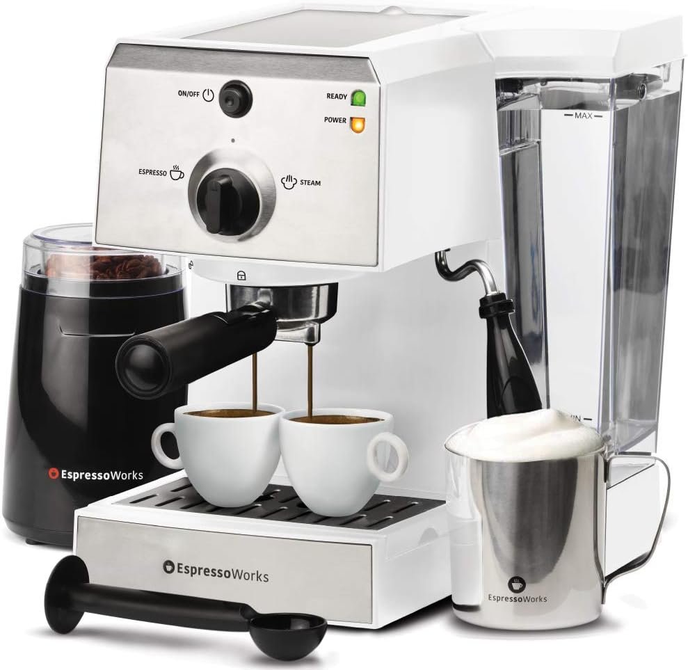 EspressoWorks All-In-One Espresso Machine with Milk Frother 7-Piece Set - Cappuccino Maker Includes Grinder, Frothing Pitcher, Cups, Spoon and Tamper - Coffee Gifts (White) EspressoWorks All-In-One Espresso Machine with Milk Frother 7-Piece Set - Cappuccino Maker Includes Grinder, Frothing Pitcher, Cups, Spoon and Tamper - Coffee Gifts (White)
