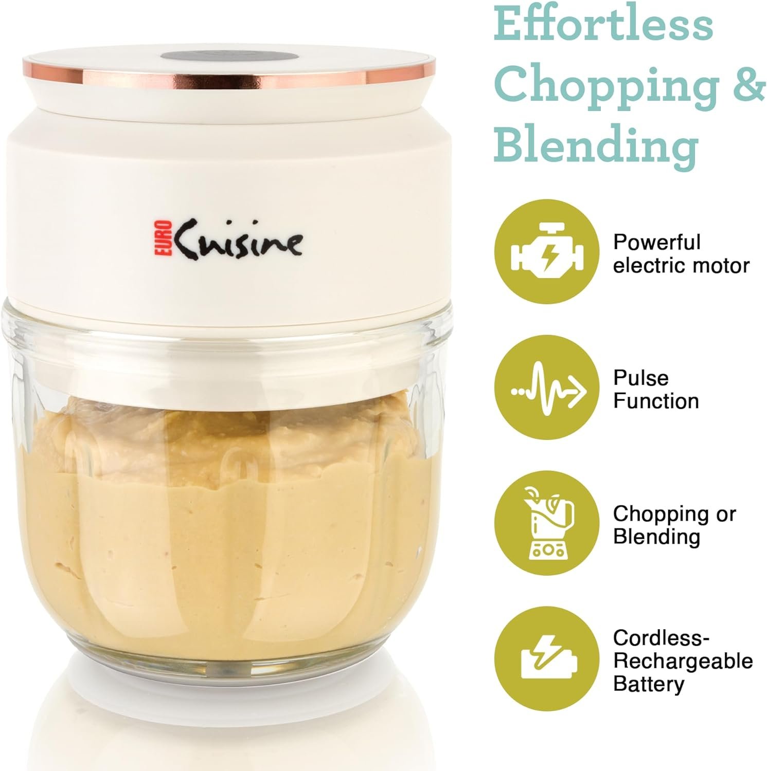 Euro Cuisine Mini Cordless/Rechargeable Chopper with USB Cord  Glass Bowl Electric Mini Garlic Chopper, Mini Food Processor 1 Cup, Mini Food Grinder, Mini Chopper Electric