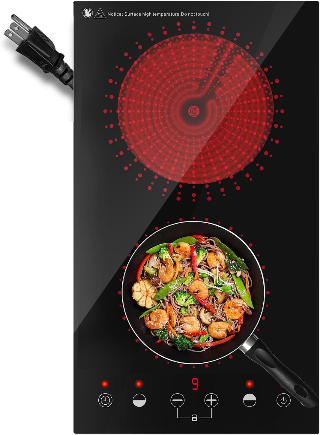 EVITUTA Electric Cooktop, 2 Burner Electric Stove with LED Touch Screen, 9 Heating Levels, Timer, Child Lock, Air Insulation, Silent Heating, 110V 12 Inch Built-in Hot Plate