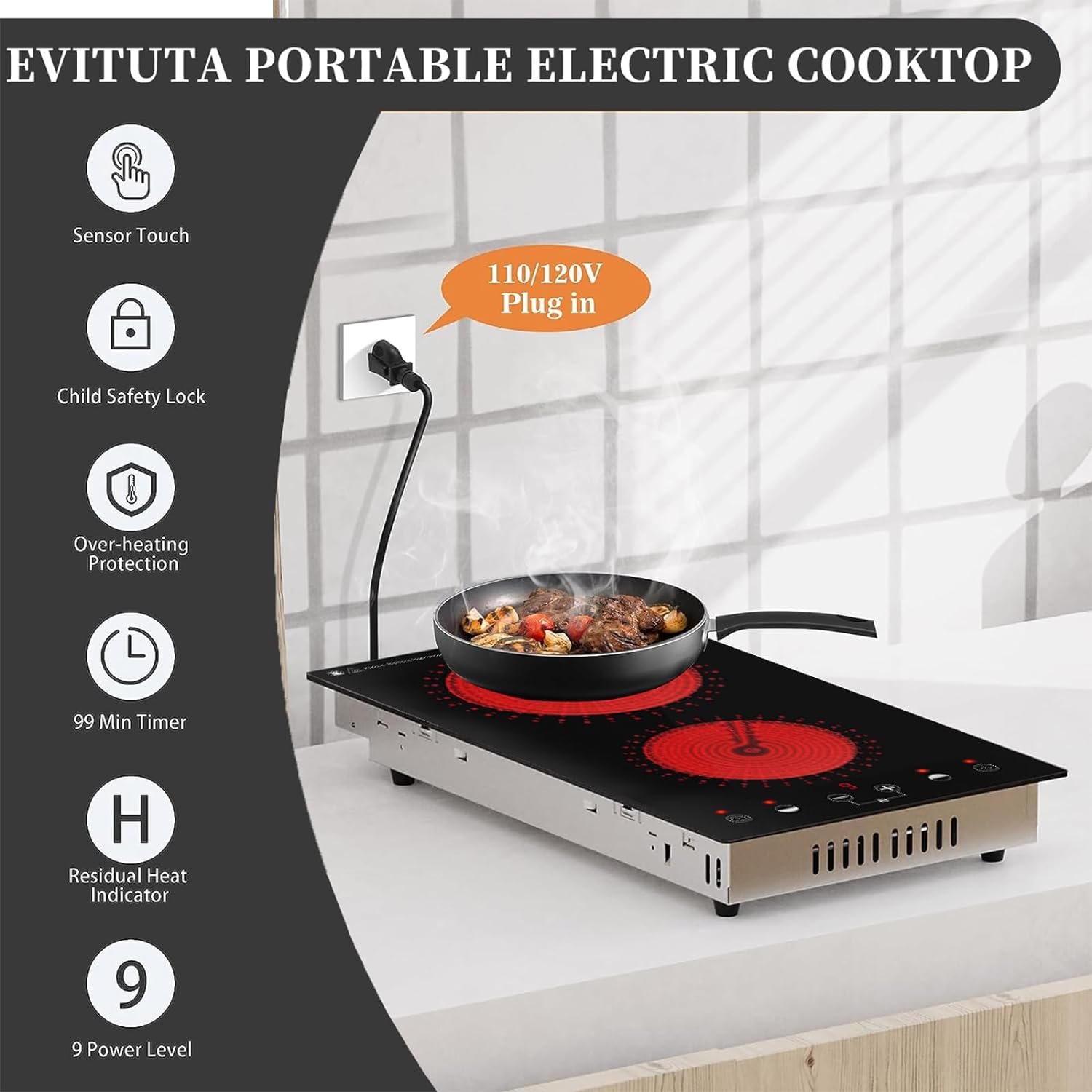 EVITUTA Electric Cooktop, 2 Burner Electric Stove with LED Touch Screen, 9 Heating Levels, Timer, Child Lock, Air Insulation, Silent Heating, 110V 12 Inch Built-in Hot Plate