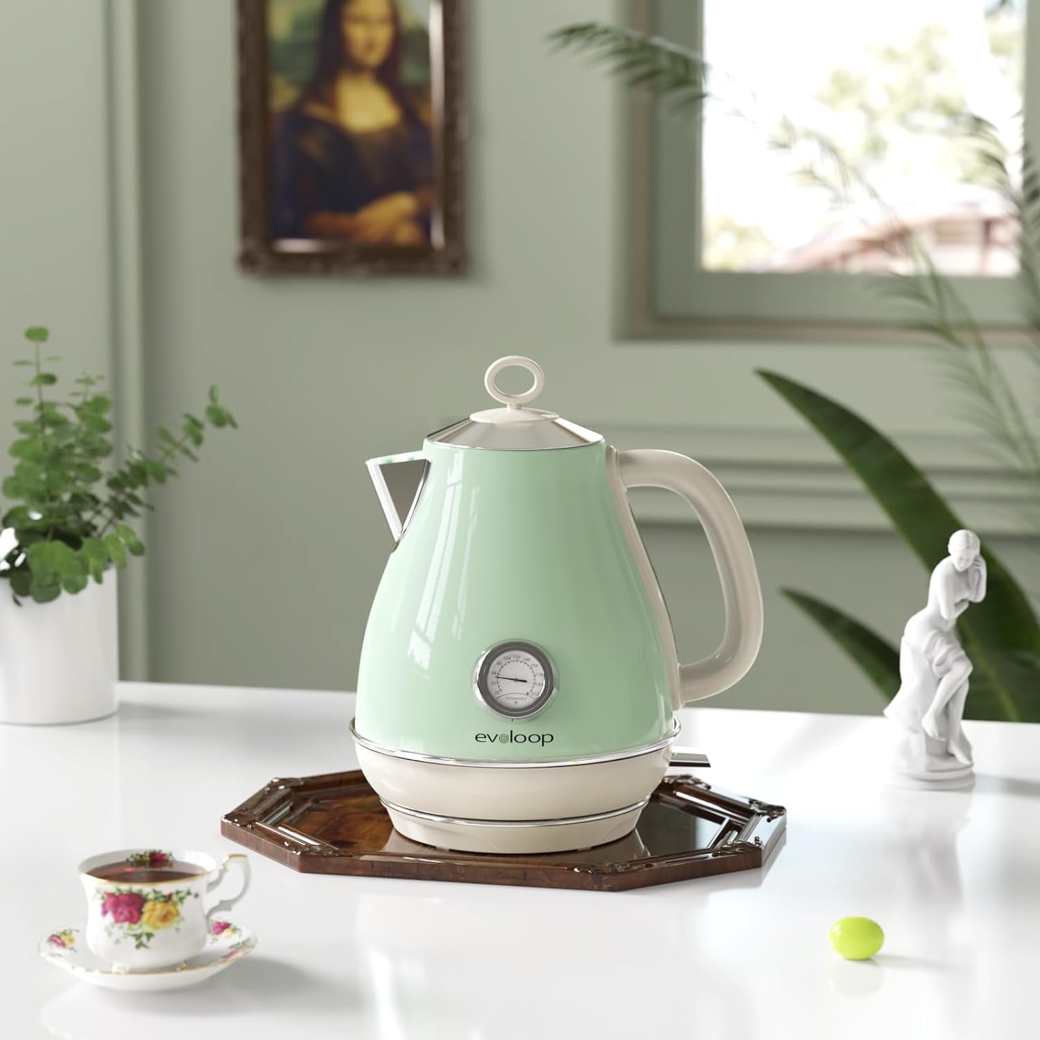 Evoloop Electric Tea Kettle, 1500W /1.7 Liter Hot Water Boiler Heater Pot, Retro Electric Kettle with Thermometer, Auto Shut-Off Boil-Dry Protection, BPA Free,Stainless Steel Teapot Evoloop Electric Tea Kettle, 1500W /1.7 Liter Hot Water Boiler Heater Pot, Retro Electric Kettle with Thermometer, Auto Shut-Off Boil-Dry Protection, BPA Free,Stainless Steel Teapot