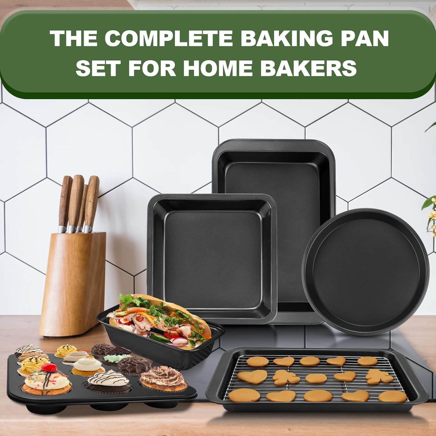 EWFEN Bakeware Sets, Baking Pans Set, Nonstick Oven Pan for Kitchen with Wider Grips, 7-Piece with Round/Square Cake Pan, Loaf Pan, Muffin Pan, Cookie Sheet, Roast Pan, Cooling Rack, Carbon Steel Bake EWFEN Bakeware Sets, Baking Pans Set, Nonstick Oven Pan for Kitchen with Wider Grips, 7-Piece with Round/Square Cake Pan, Loaf Pan, Muffin Pan, Cookie Sheet, Roast Pan, Cooling Rack, Carbon Steel Bake
