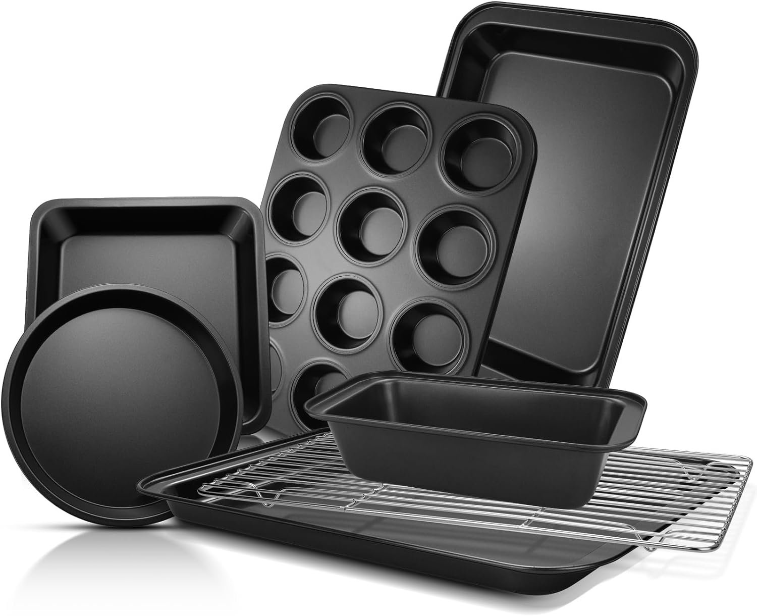 EWFEN Bakeware Sets, Baking Pans Set, Nonstick Oven Pan for Kitchen with Wider Grips, 7-Piece with Round/Square Cake Pan, Loaf Pan, Muffin Pan, Cookie Sheet, Roast Pan, Cooling Rack, Carbon Steel Bake EWFEN Bakeware Sets, Baking Pans Set, Nonstick Oven Pan for Kitchen with Wider Grips, 7-Piece with Round/Square Cake Pan, Loaf Pan, Muffin Pan, Cookie Sheet, Roast Pan, Cooling Rack, Carbon Steel Bake