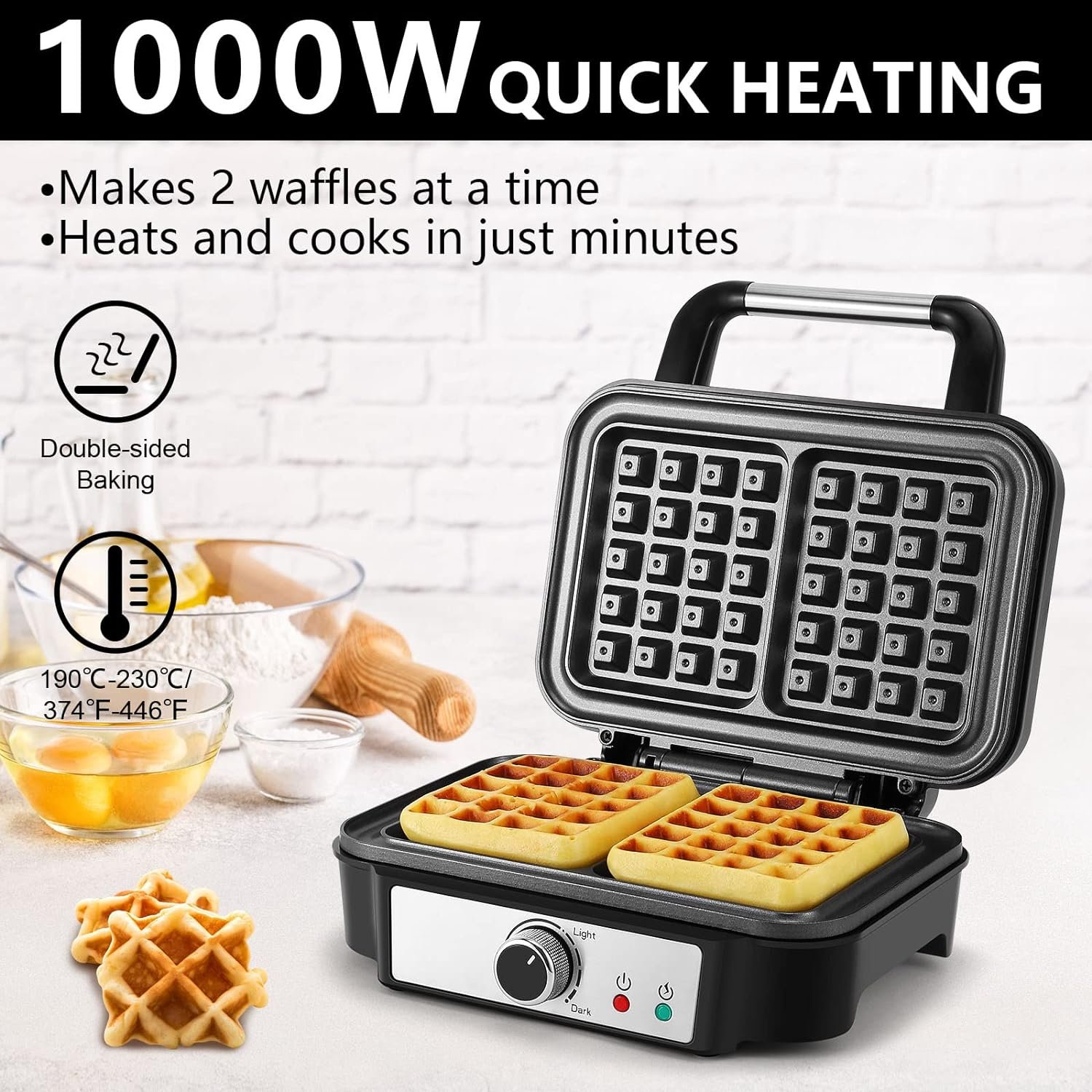 Extra Deep Belgian Waffle Maker MONXOOK, 2-Slice Non-Stick Waffle Iron with 5 Browning Knob, Classic 1 Thick Waffles, Anti-overflow, Recipes Included, PFOA Free, Stainless Steel